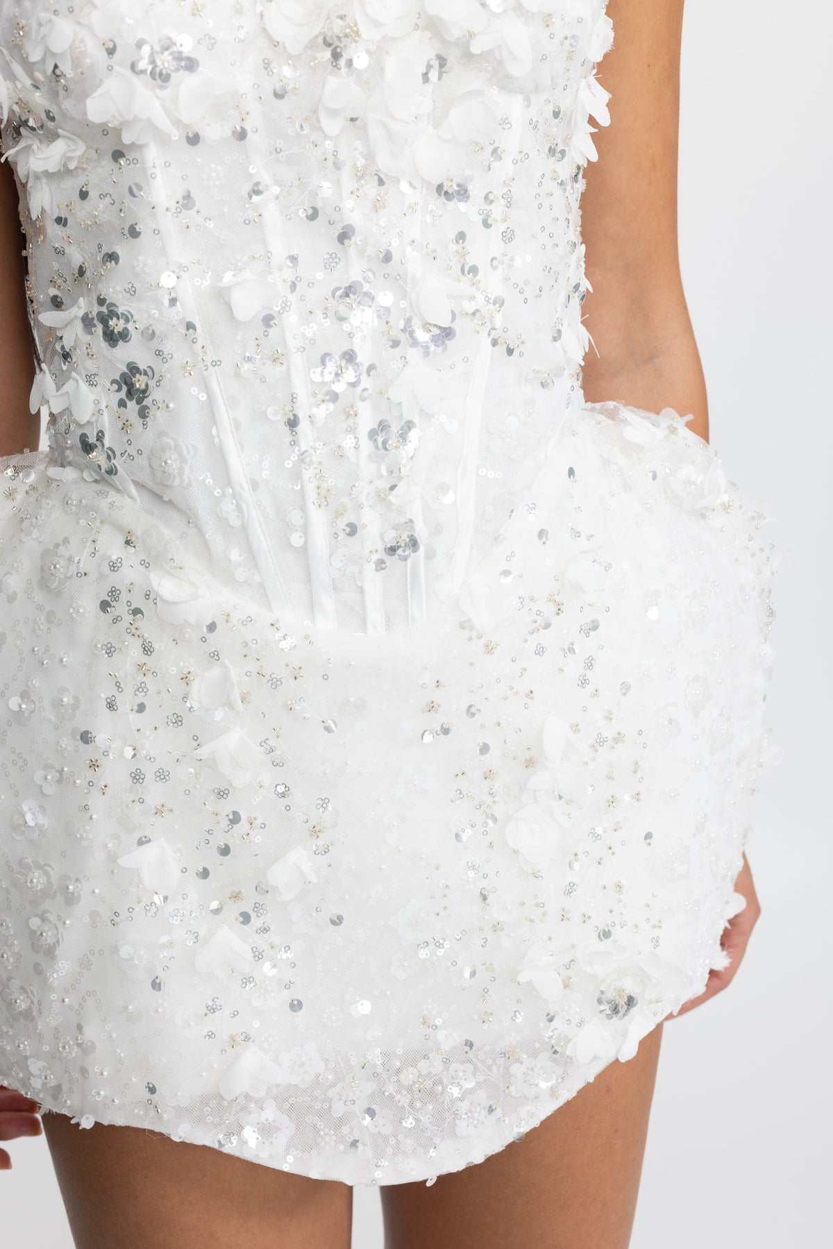 Lucrèce White Sequin Flower Halter Corset Bubble Mini Dress