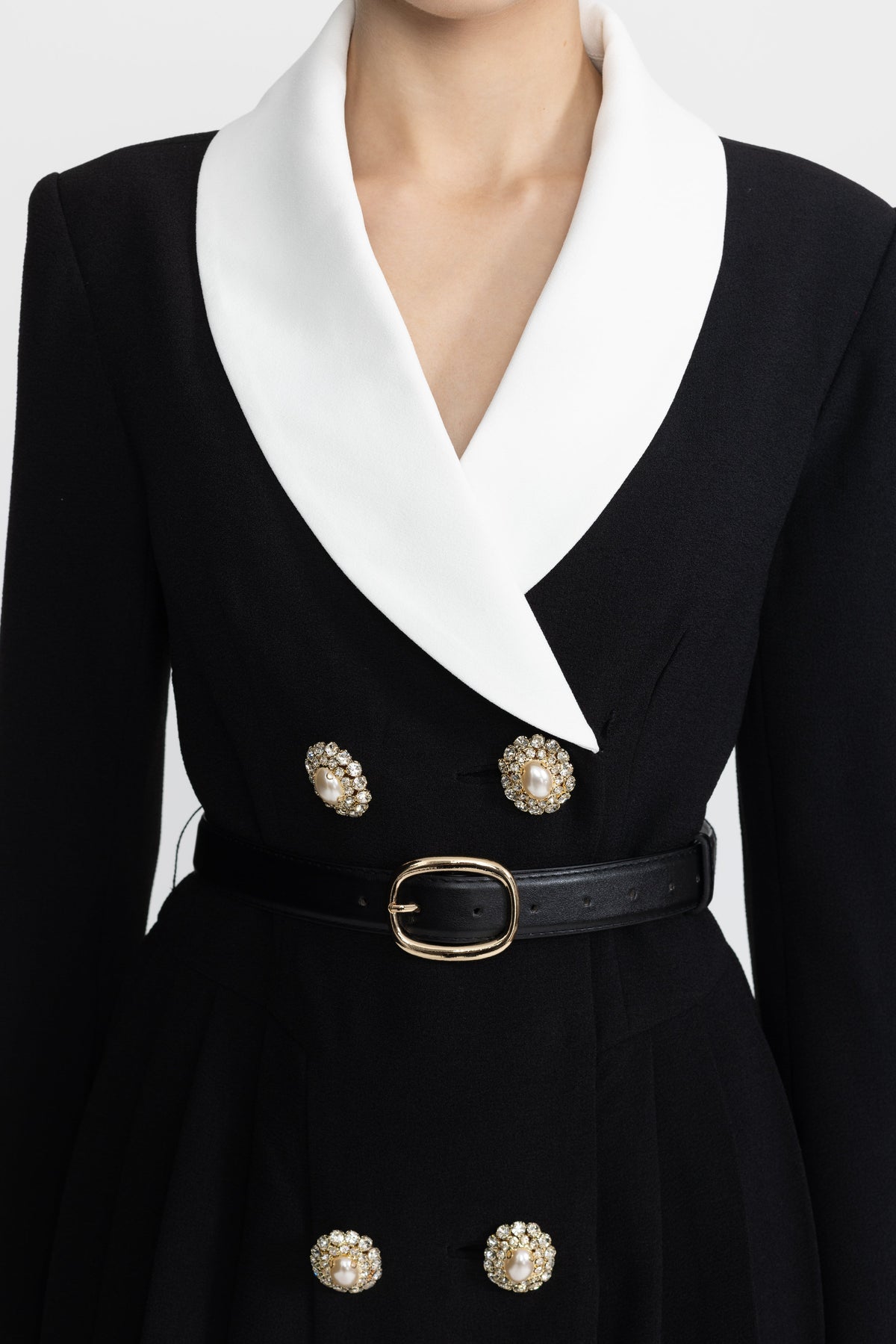 Maylis Black Contrast Lapel Belted Pleated Blazer Mini Dress