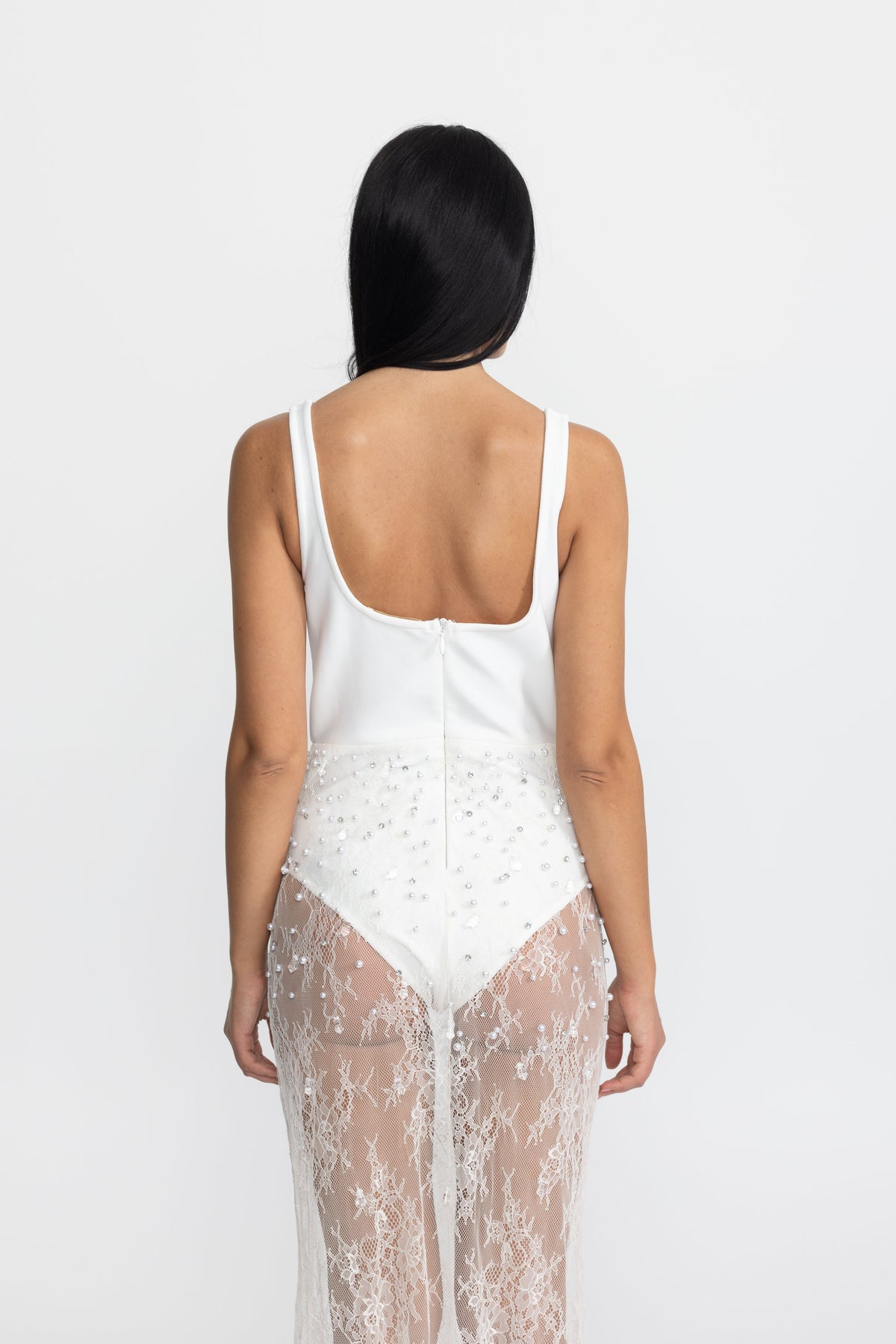 Victorine White Pearl Embellished Corset Bodysuit Lace Jumpsuit