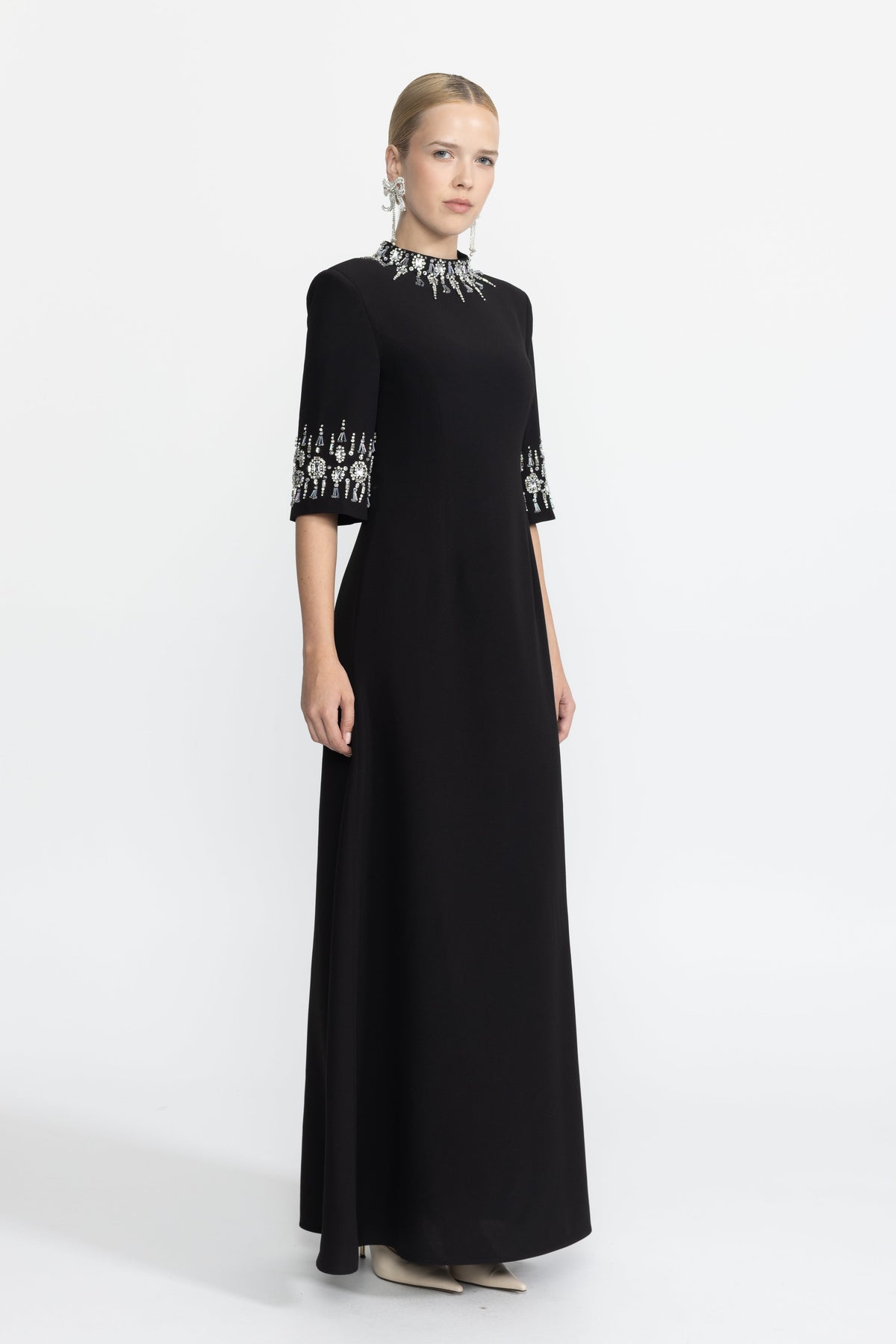 Félicie Black Crystal Embellished Collar and Cuff Maxi Dress
