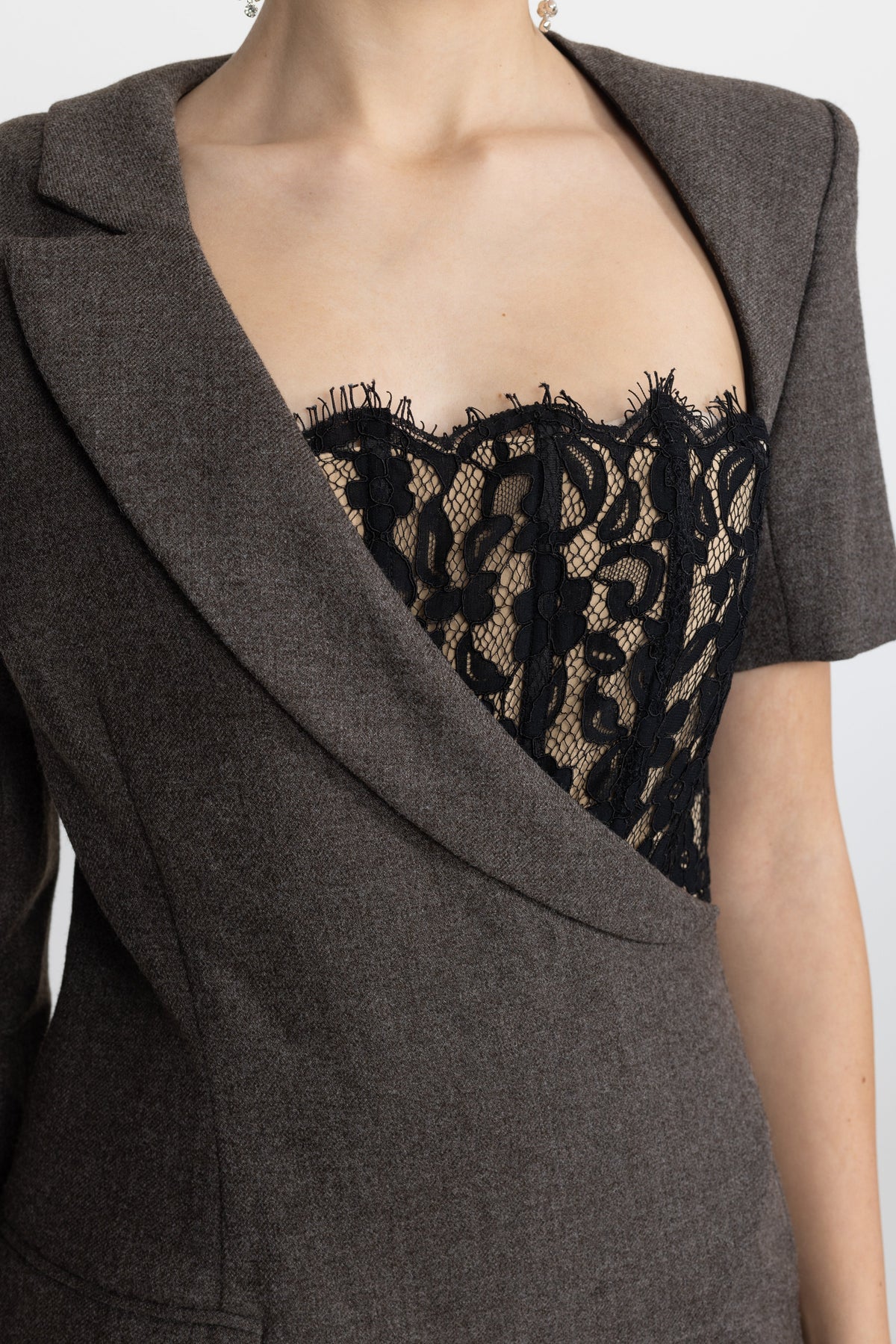 Seraphine Charcoal Lace Bustier Asymmetric Blazer Maxi Dress