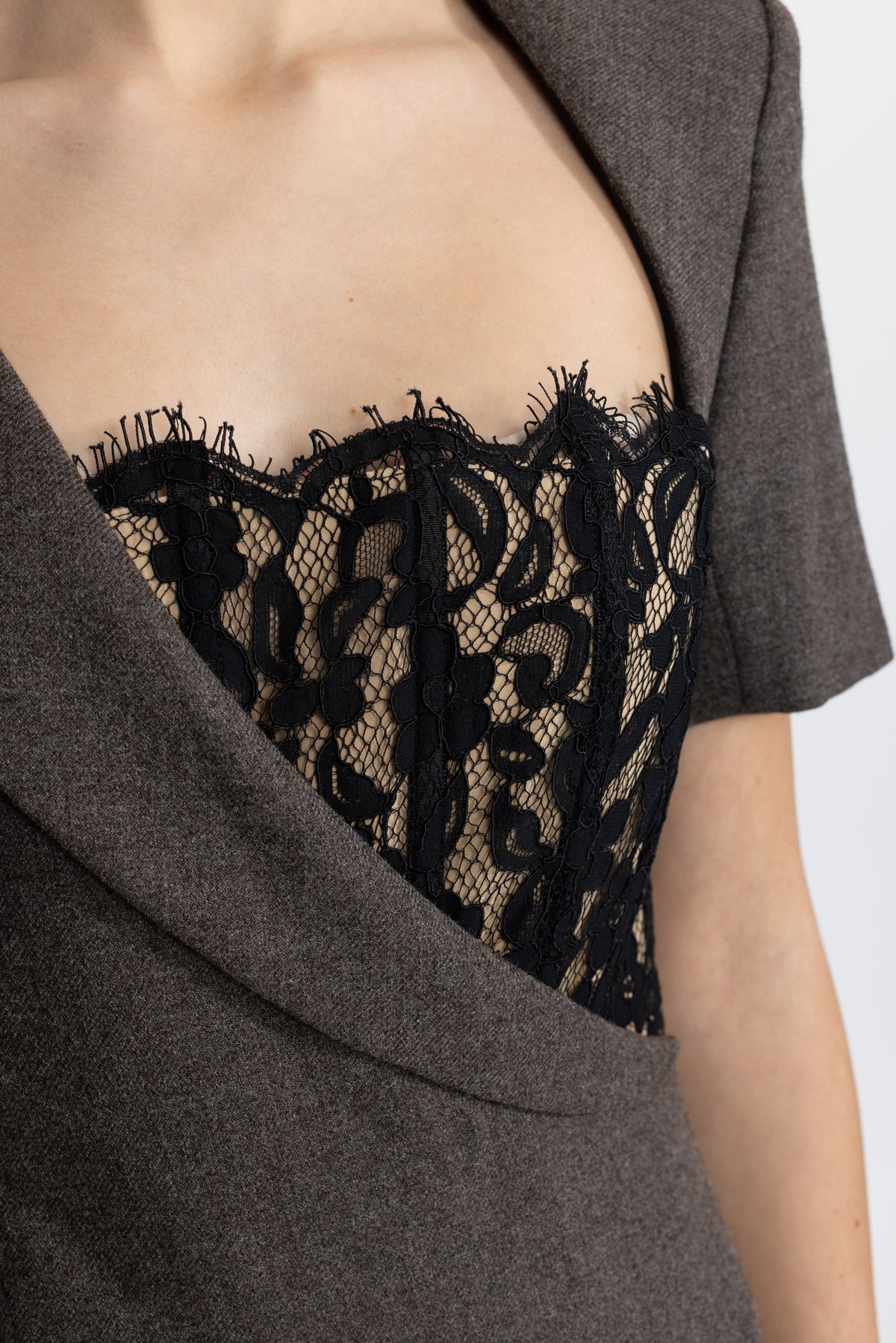 Seraphine Charcoal Lace Bustier Asymmetric Blazer Maxi Dress