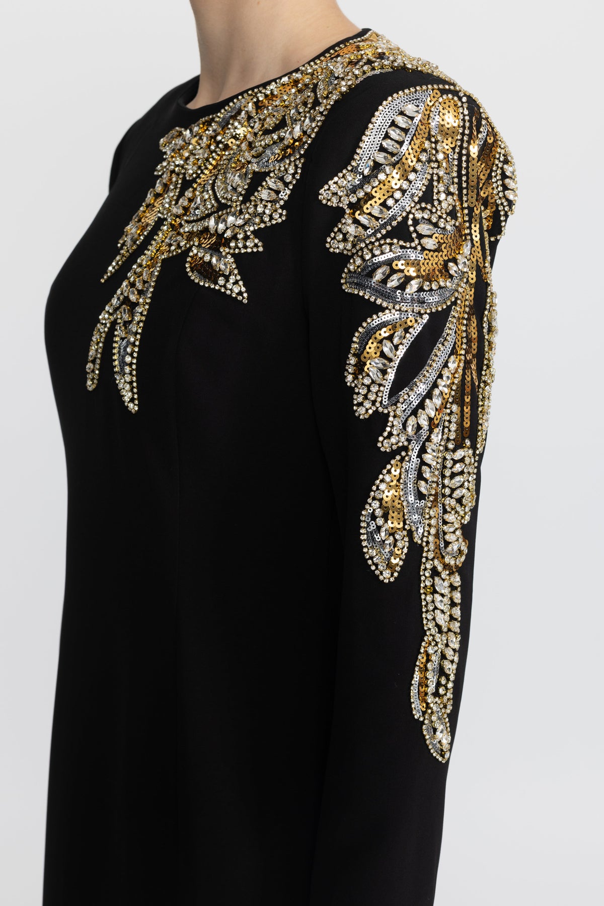 Margaux Black Crystal Leaf Embellished Long Sleeve Maxi Dress