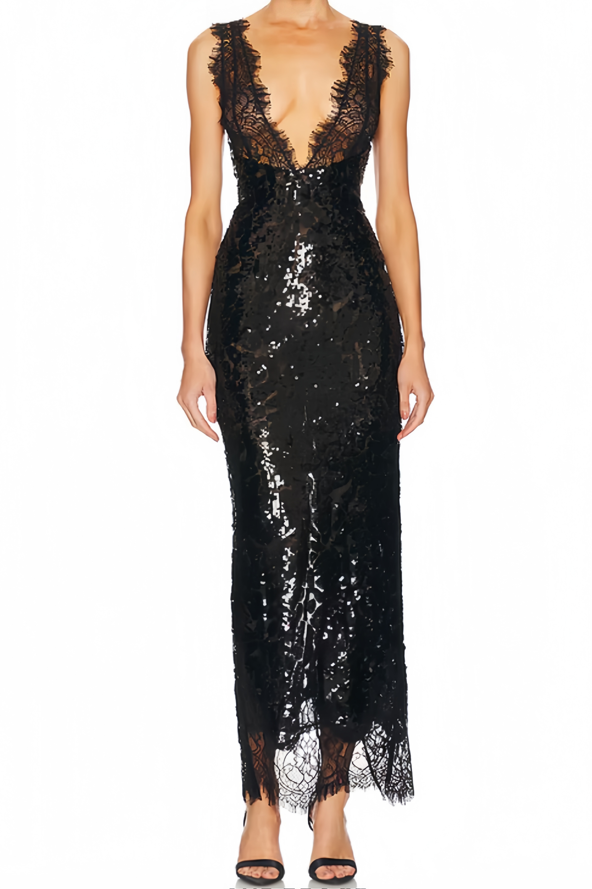 Ava Black Lace Panel Sequined Maxi Dress