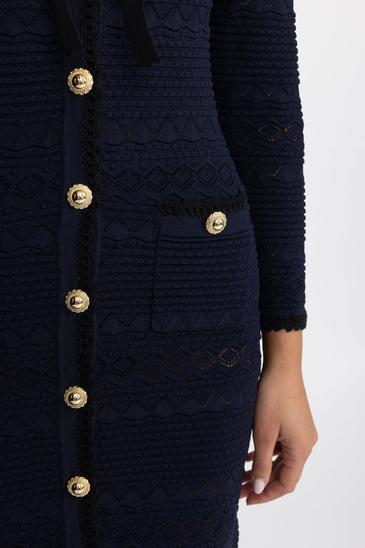 Crochet Trim Knit Button Midi Dress with Flower Brooch - Navy