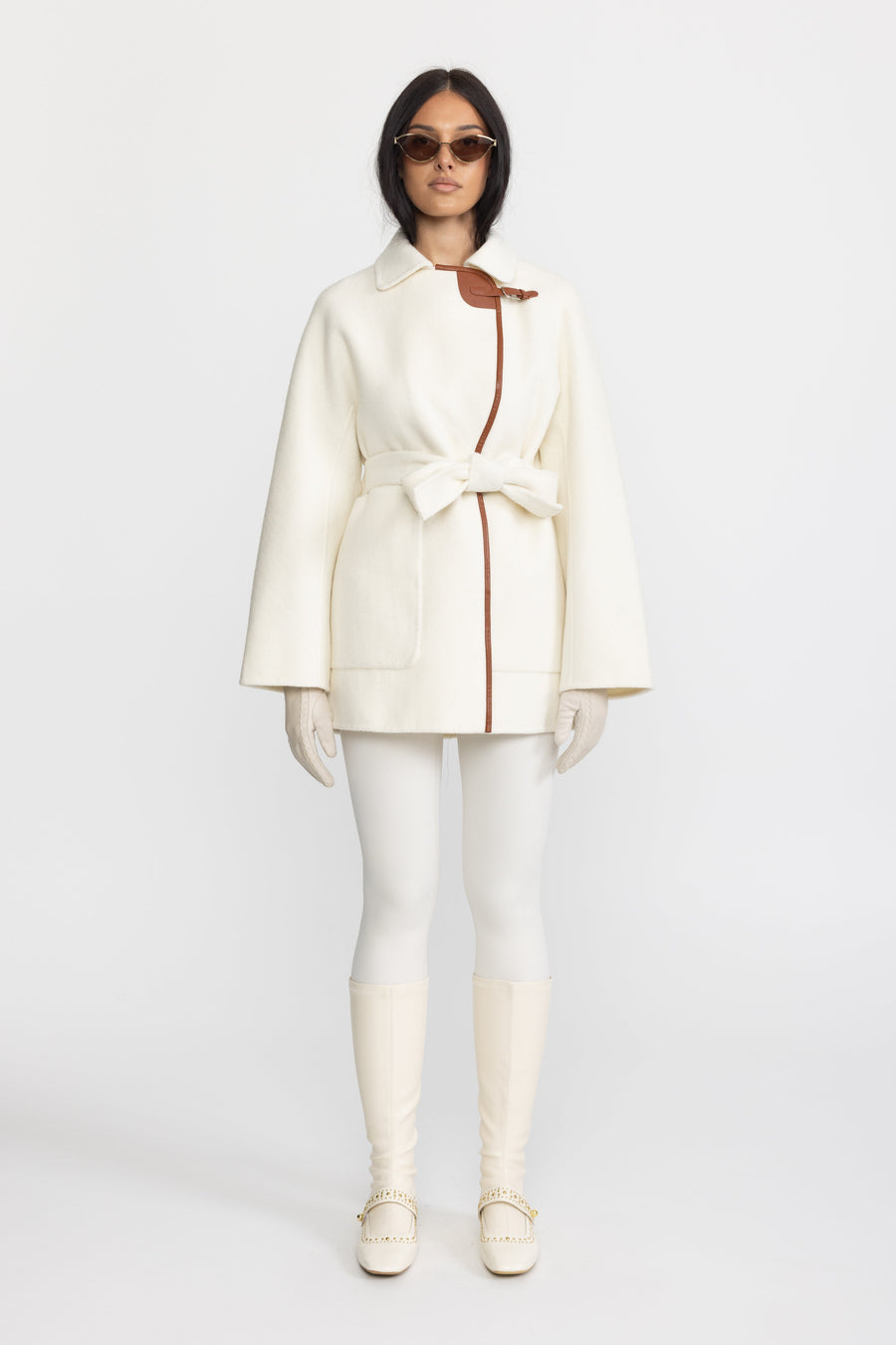 Clémence Faux Leather Trim Belted Wool Jacket - Off-White