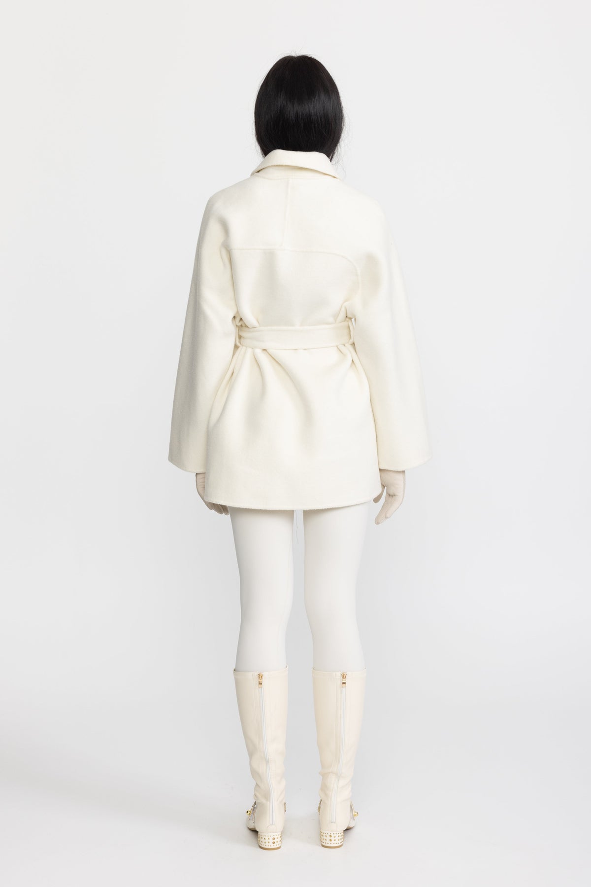 Faux Leather Trim Belted Wool Jacket - Off-White