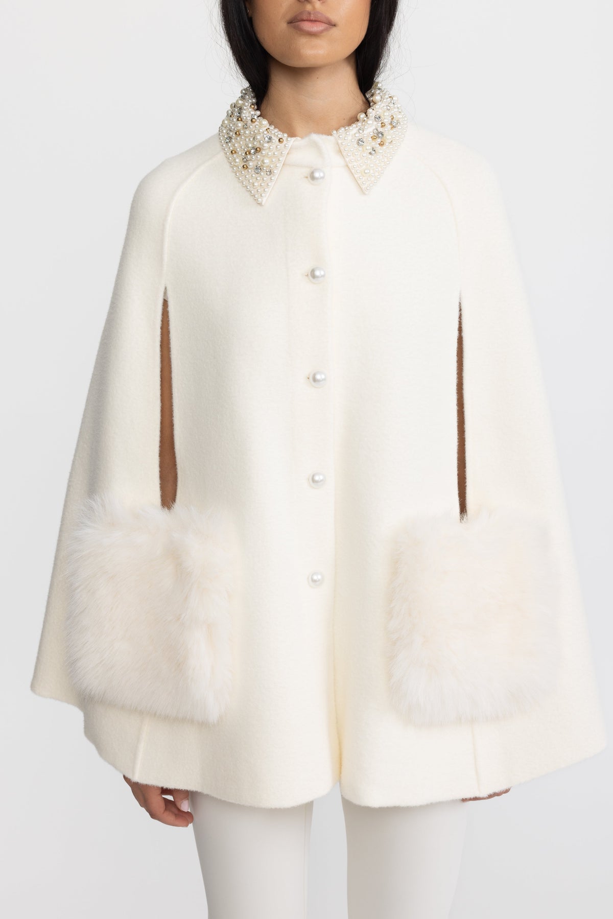 Pearl Embellished Collar Cape with Faux Fur Pockets - Ivoire