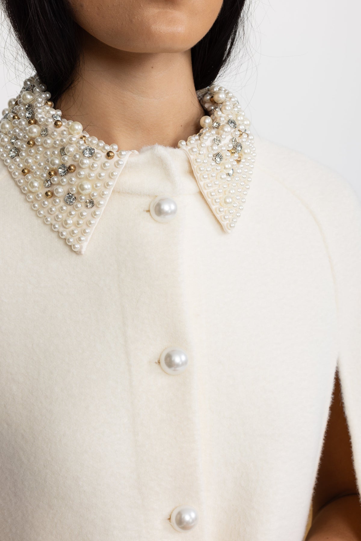 Pearl Embellished Collar Cape with Faux Fur Pockets - Ivoire