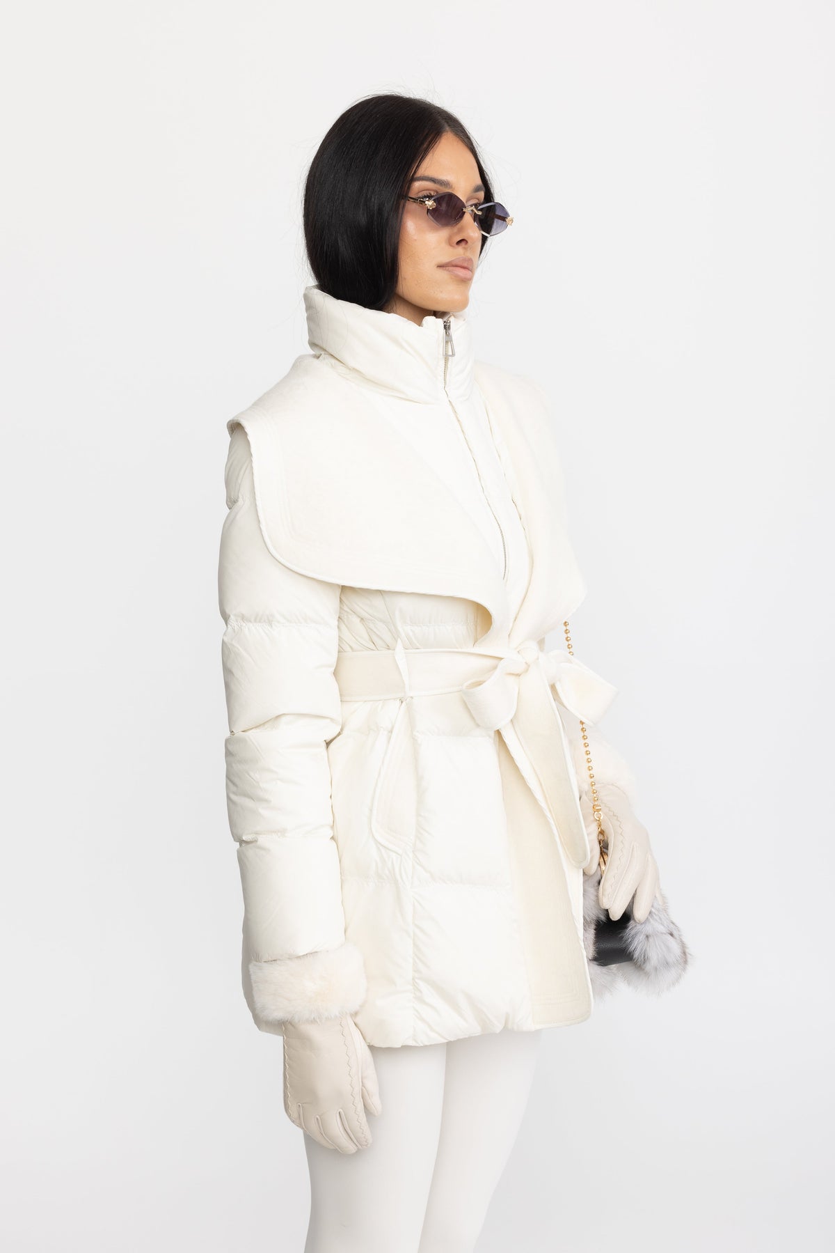 Draped Collar Belted Down Jacket with Plush Cuffs - Ivoire