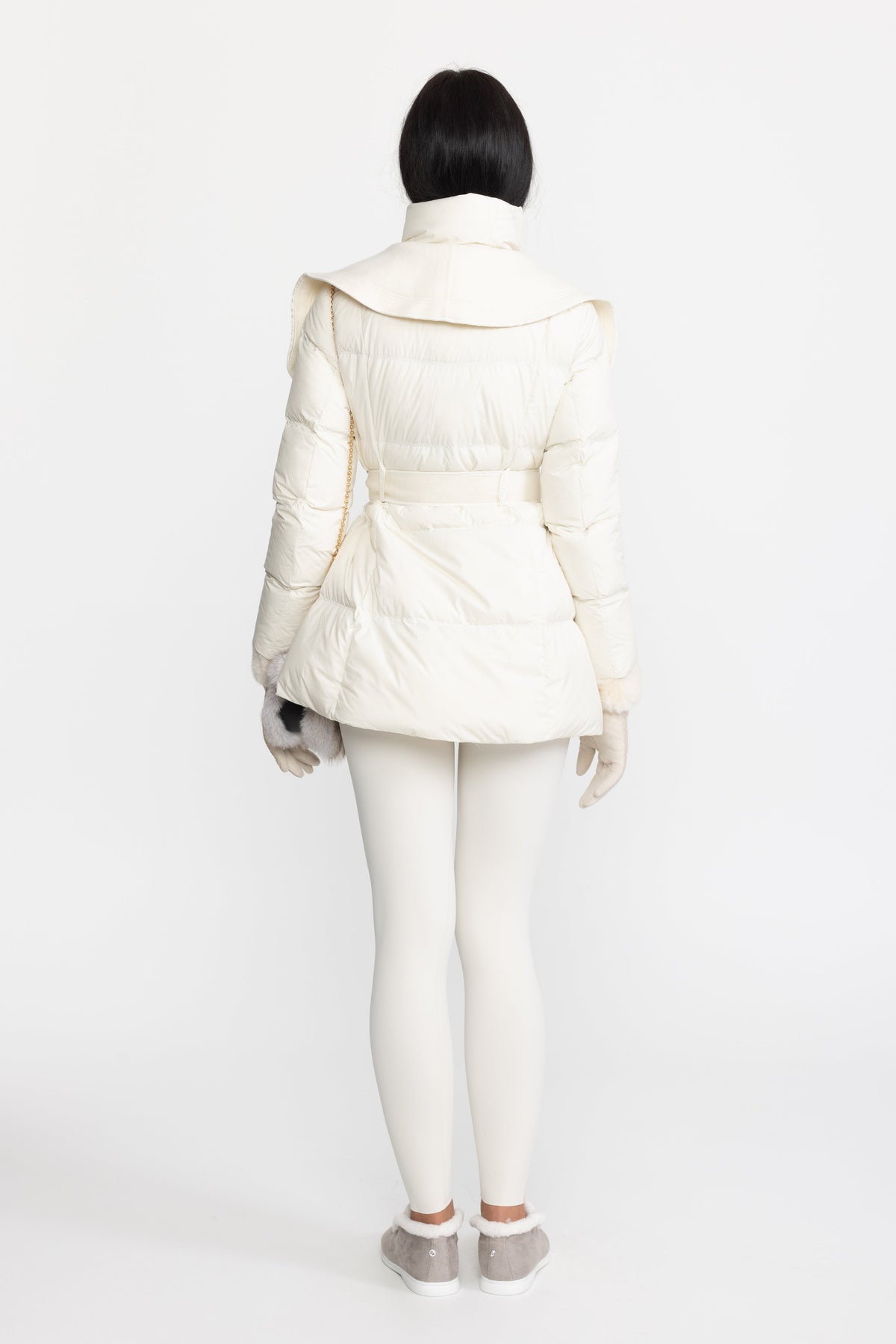 Draped Collar Belted Down Jacket with Plush Cuffs - Ivoire