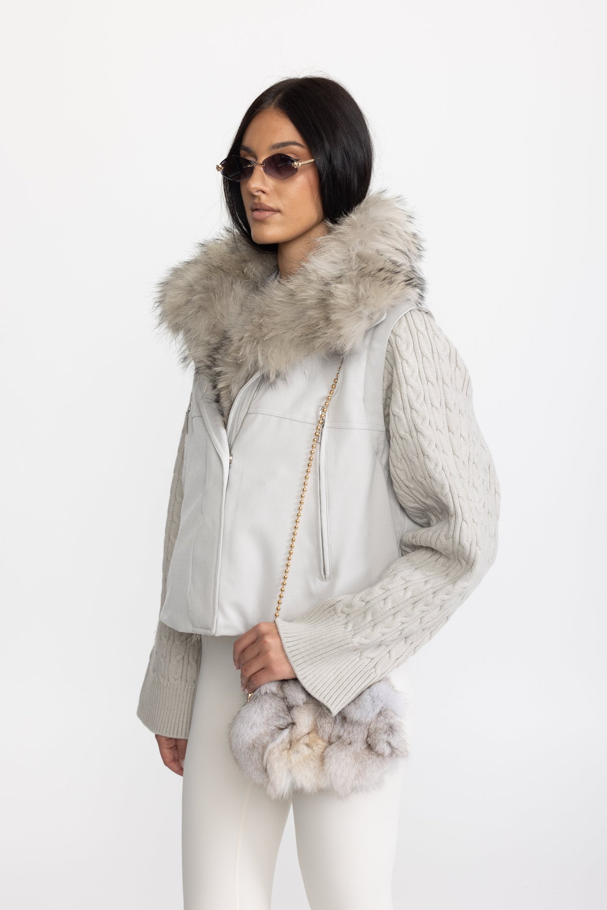 Cable Knit Sleeve Cropped Down Jacket with Raccoon Fur Collar - Light Grey