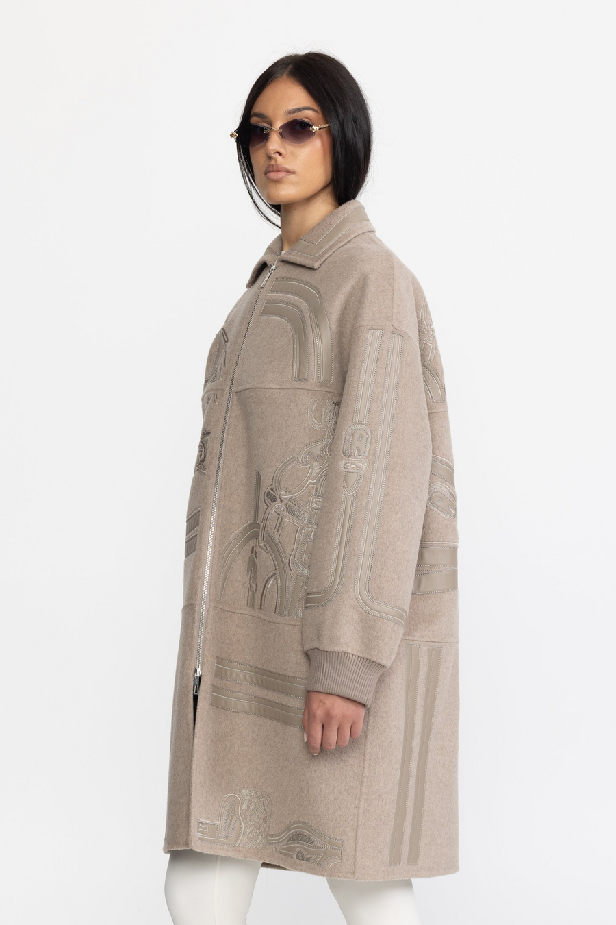 Margaux Equestrian Applique Embroidered Wool Zip Coat - Taupe