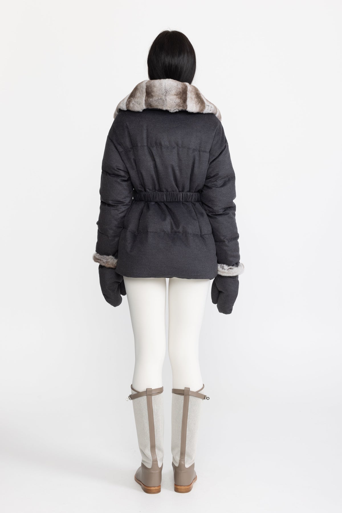 Rex Rabbit Fur Collar Cotton-Silk Down Jacket - Charcoal