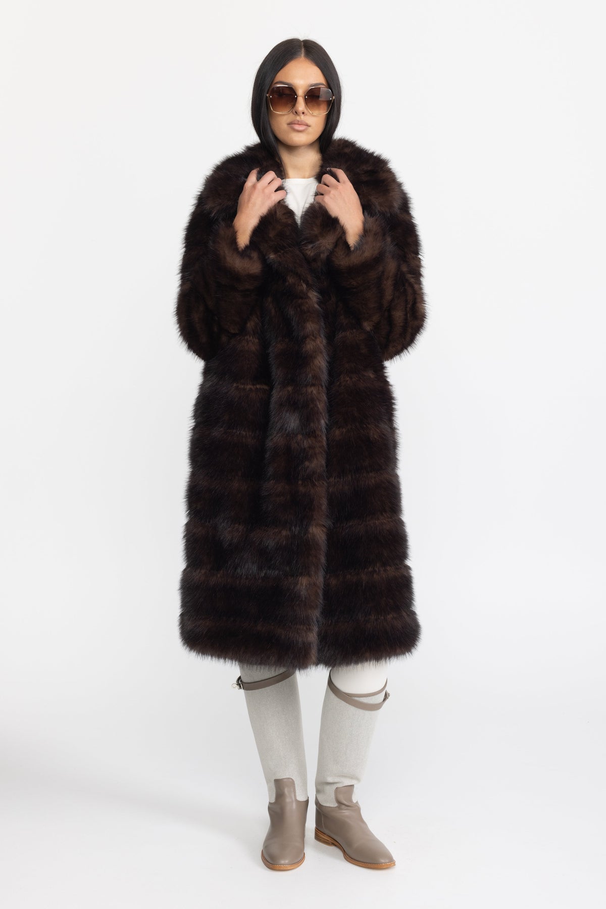Fur-Effect Panelled Longline Coat - Chocolate