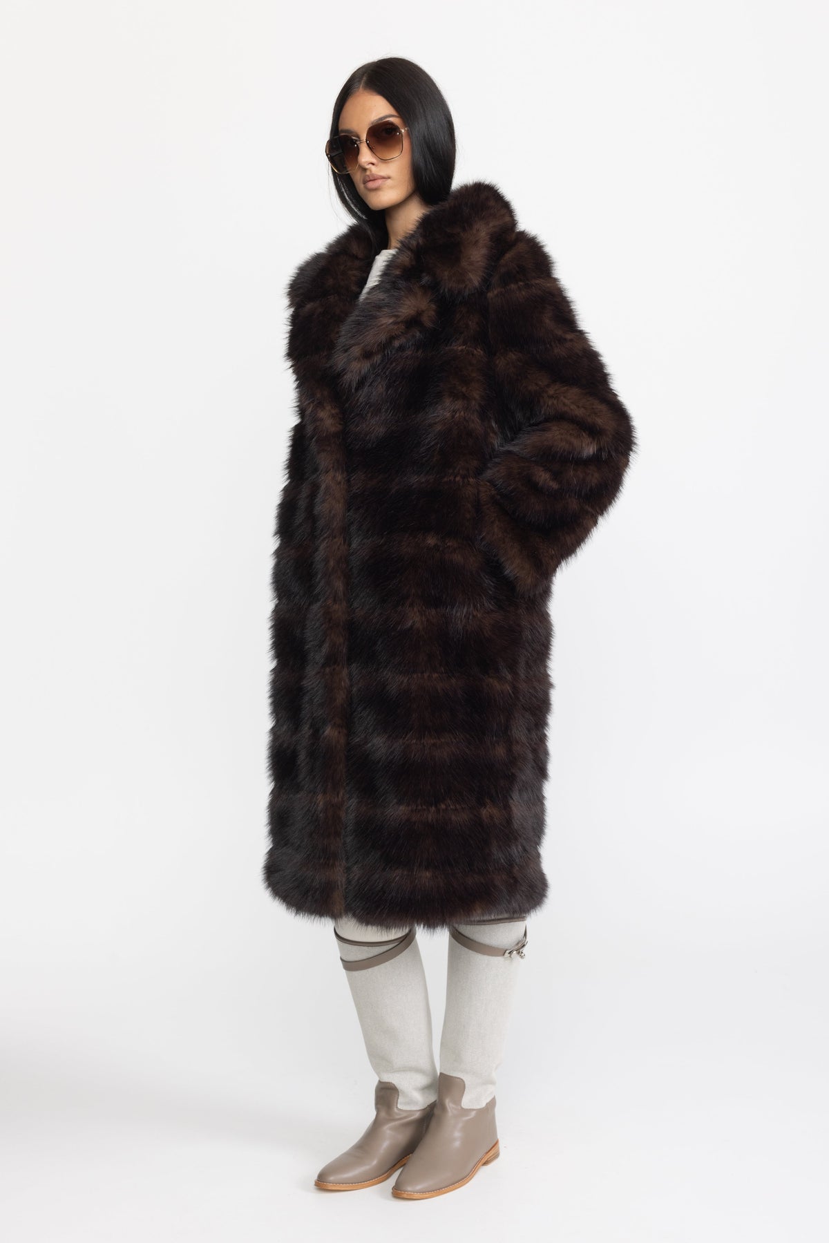 Fur-Effect Panelled Longline Coat - Chocolate