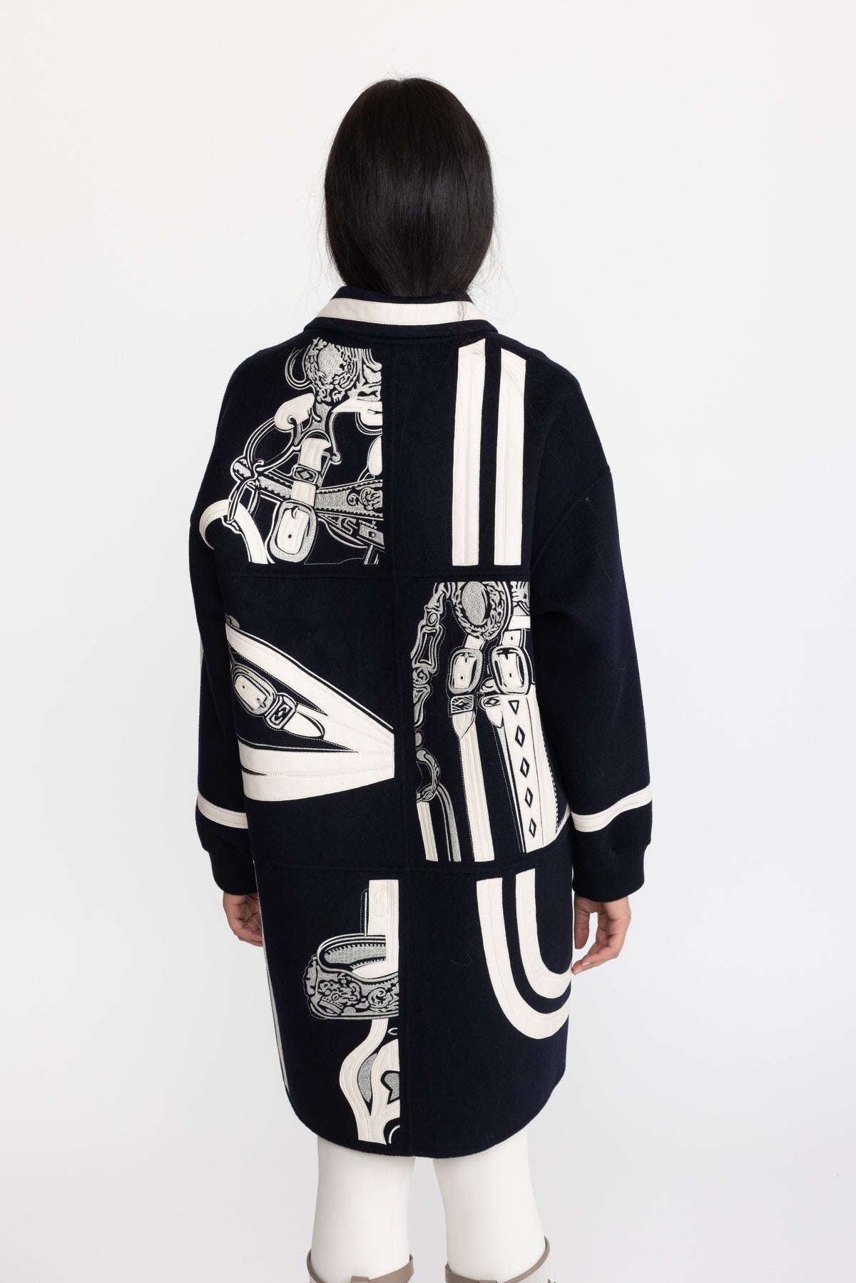 Equestrian Applique Embroidered Wool Zip Coat - Navy