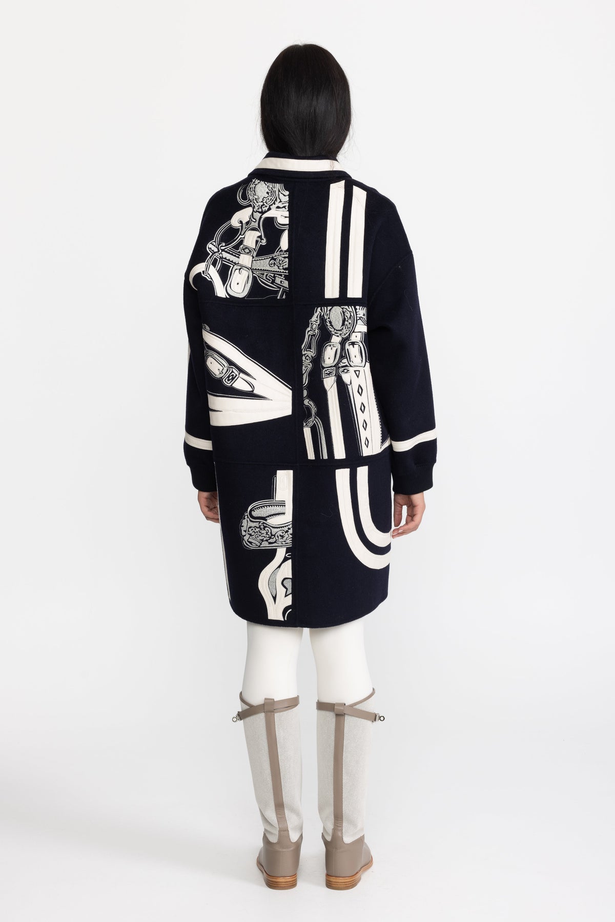 Equestrian Applique Embroidered Wool Zip Coat - Navy