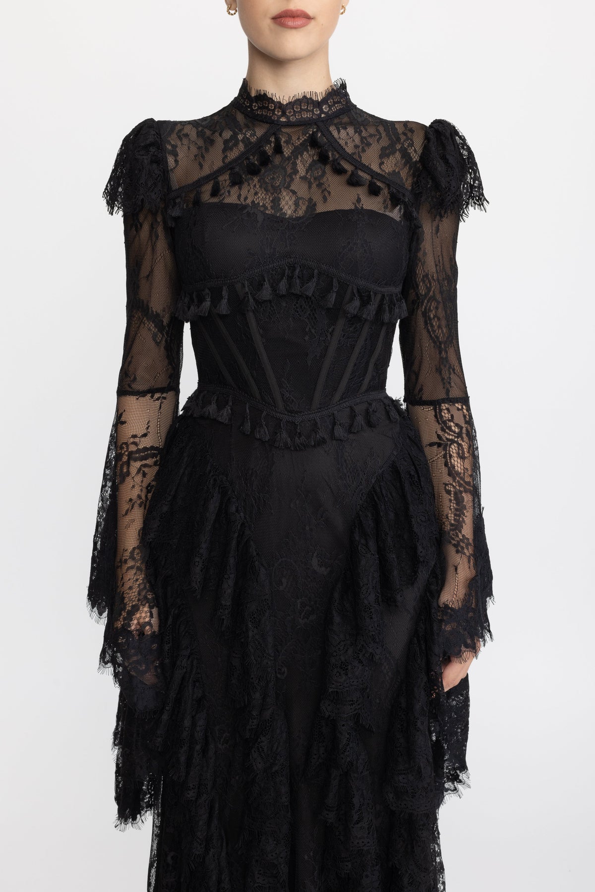 Tassel Trim Lace Corset Bell Sleeve Maxi Dress - Black
