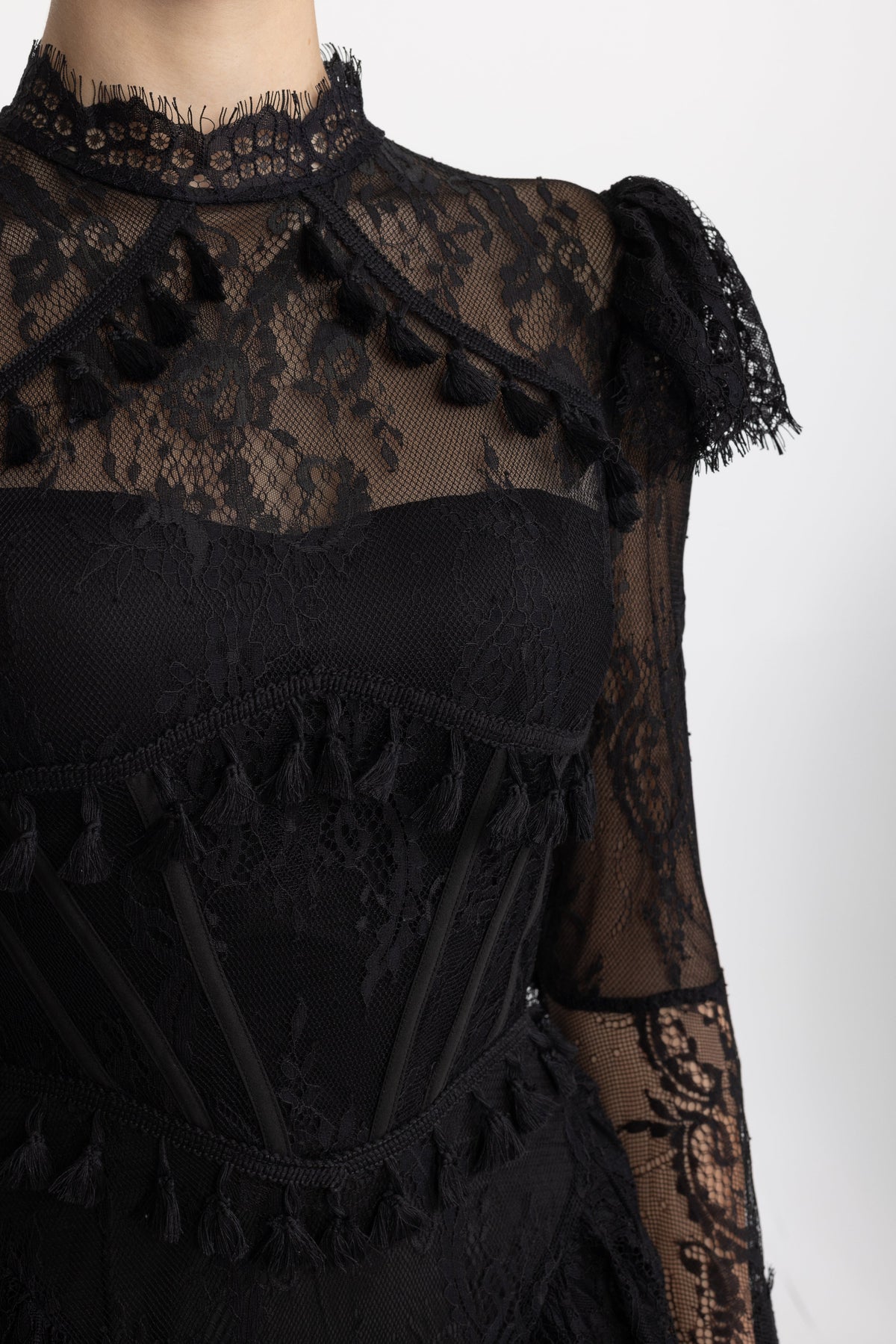 Tassel Trim Lace Corset Bell Sleeve Maxi Dress - Black