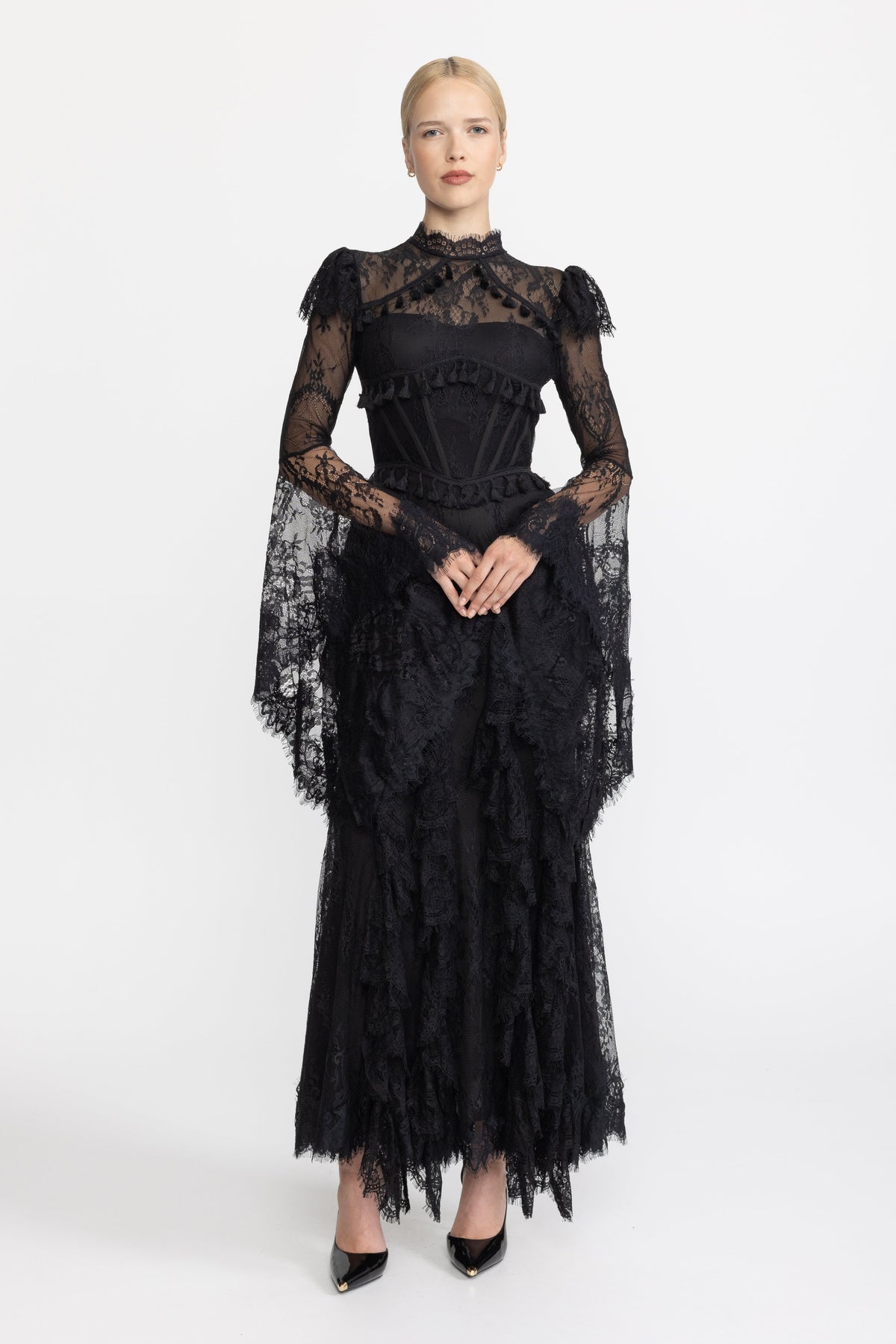 Tassel Trim Lace Corset Bell Sleeve Maxi Dress - Black
