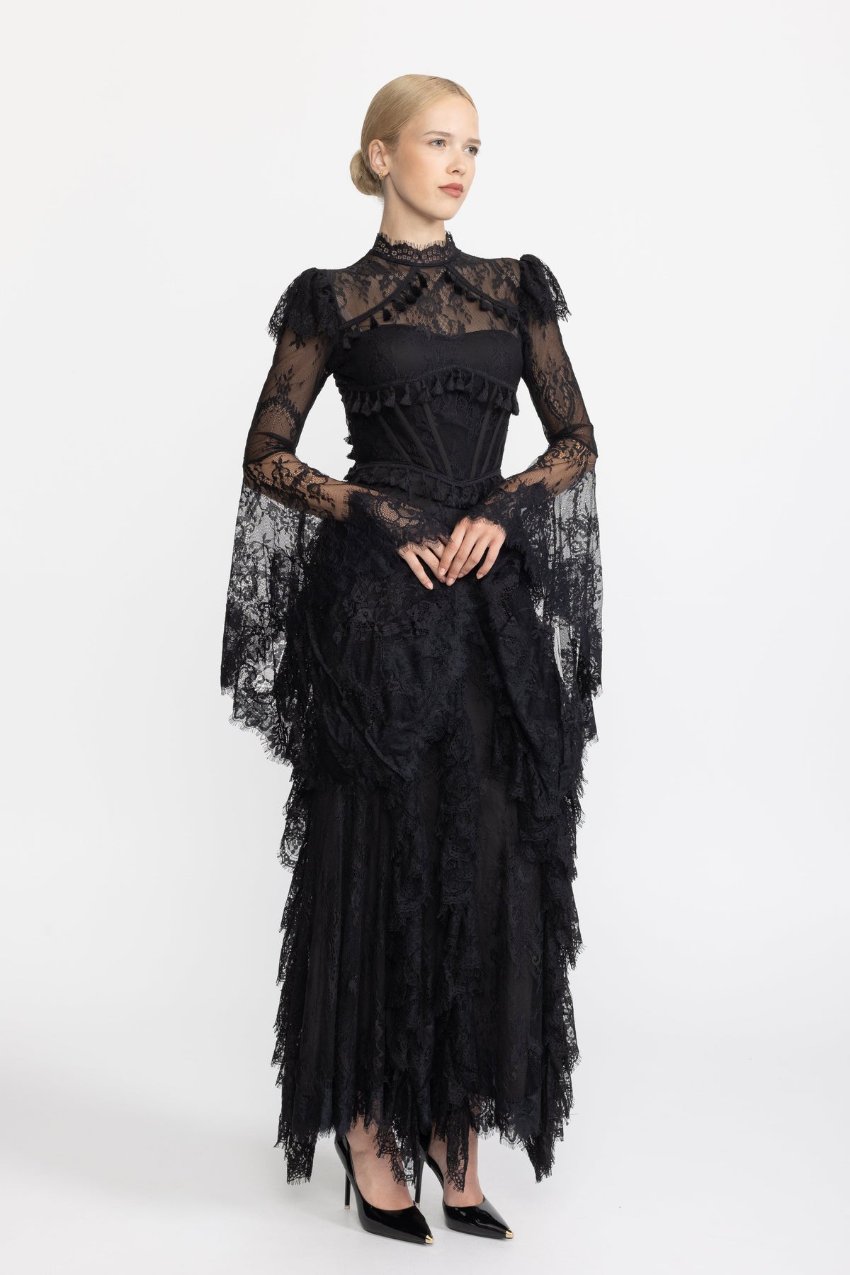 Tassel Trim Lace Corset Bell Sleeve Maxi Dress - Black