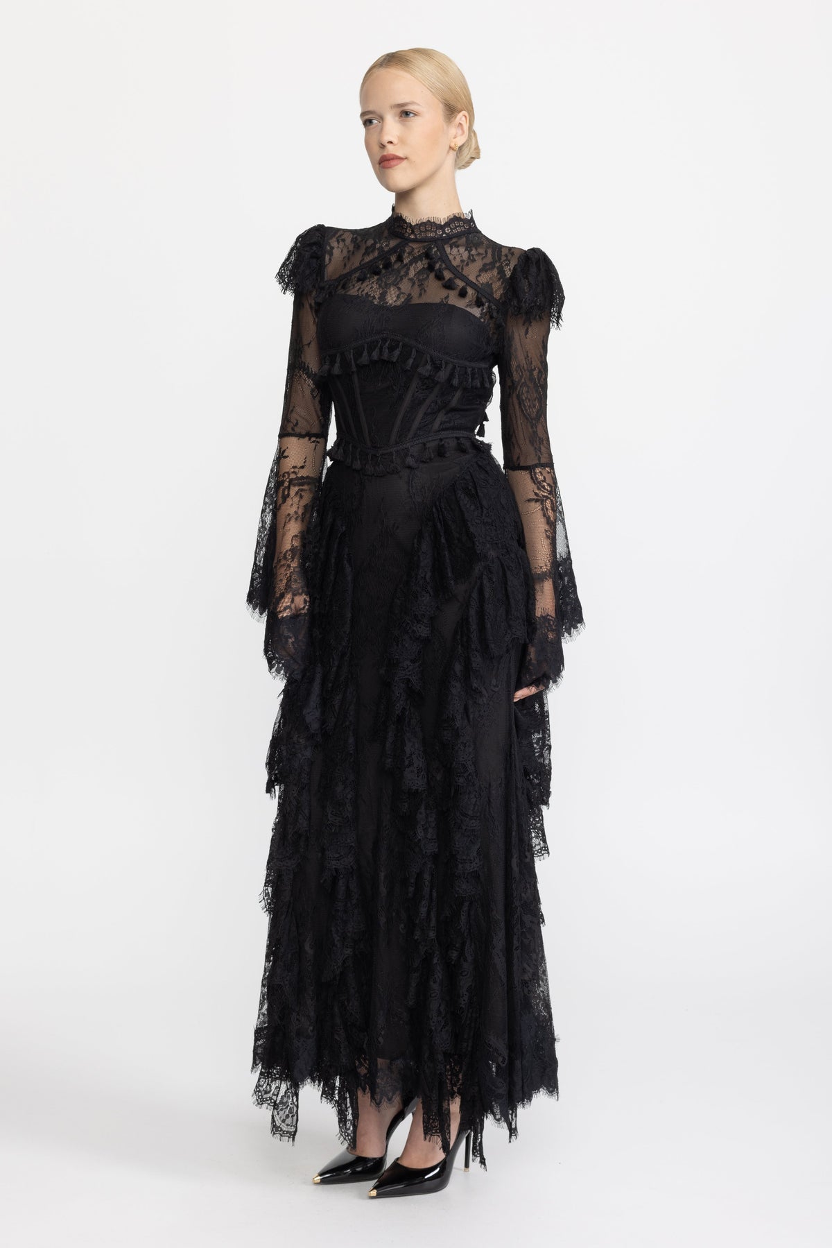 Tassel Trim Lace Corset Bell Sleeve Maxi Dress - Black