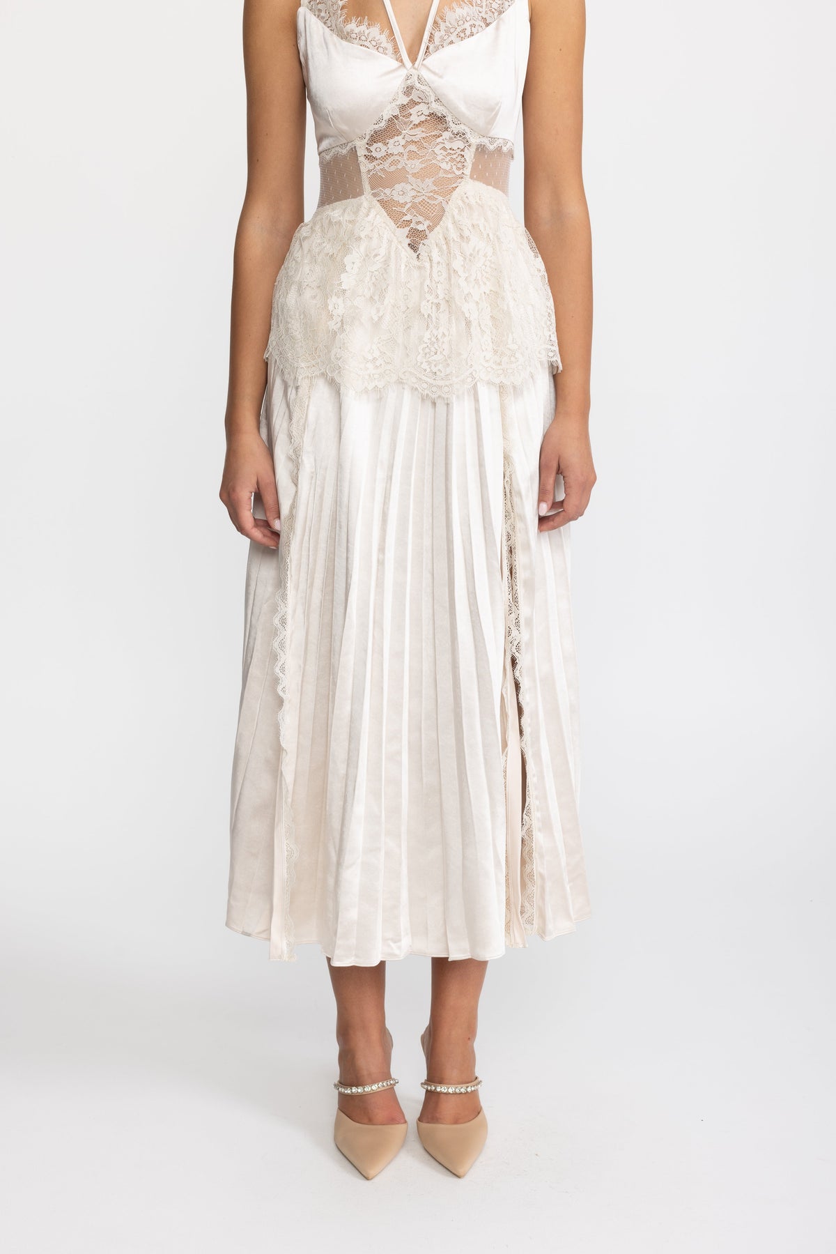 Lace Insert Satin Halter Pleated Midi Dress - Ivoire