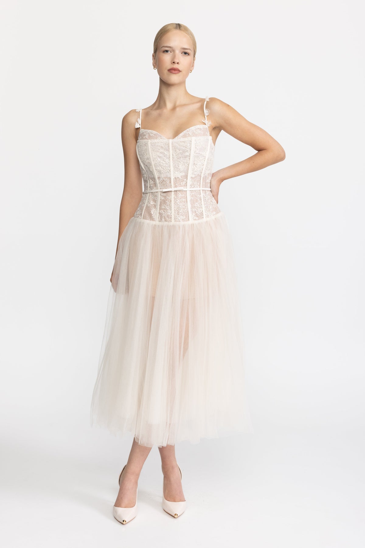 Lace Corset Tulle Midi Dress - Beige
