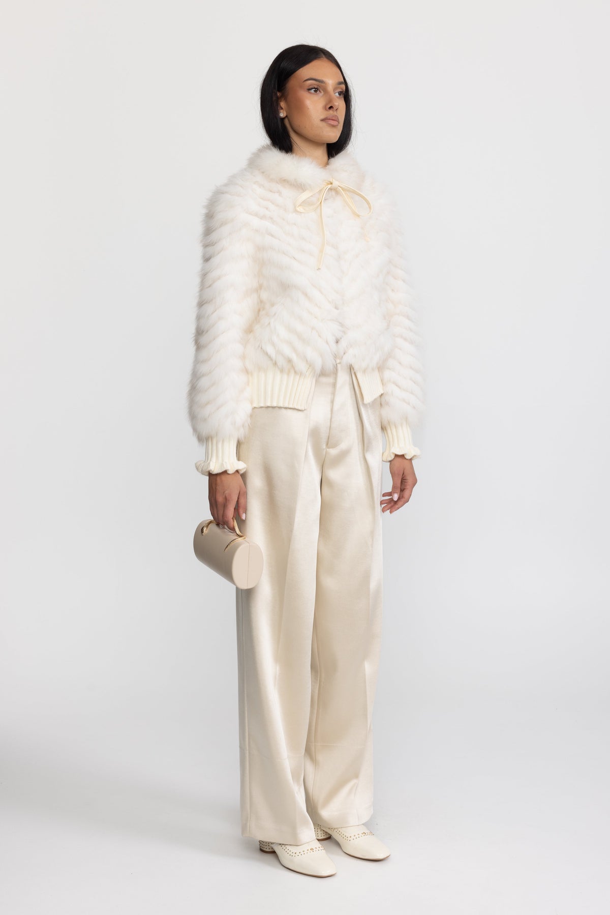 Knitted Fox Fur Bomber Jacket with Tie Neck - Ivoire