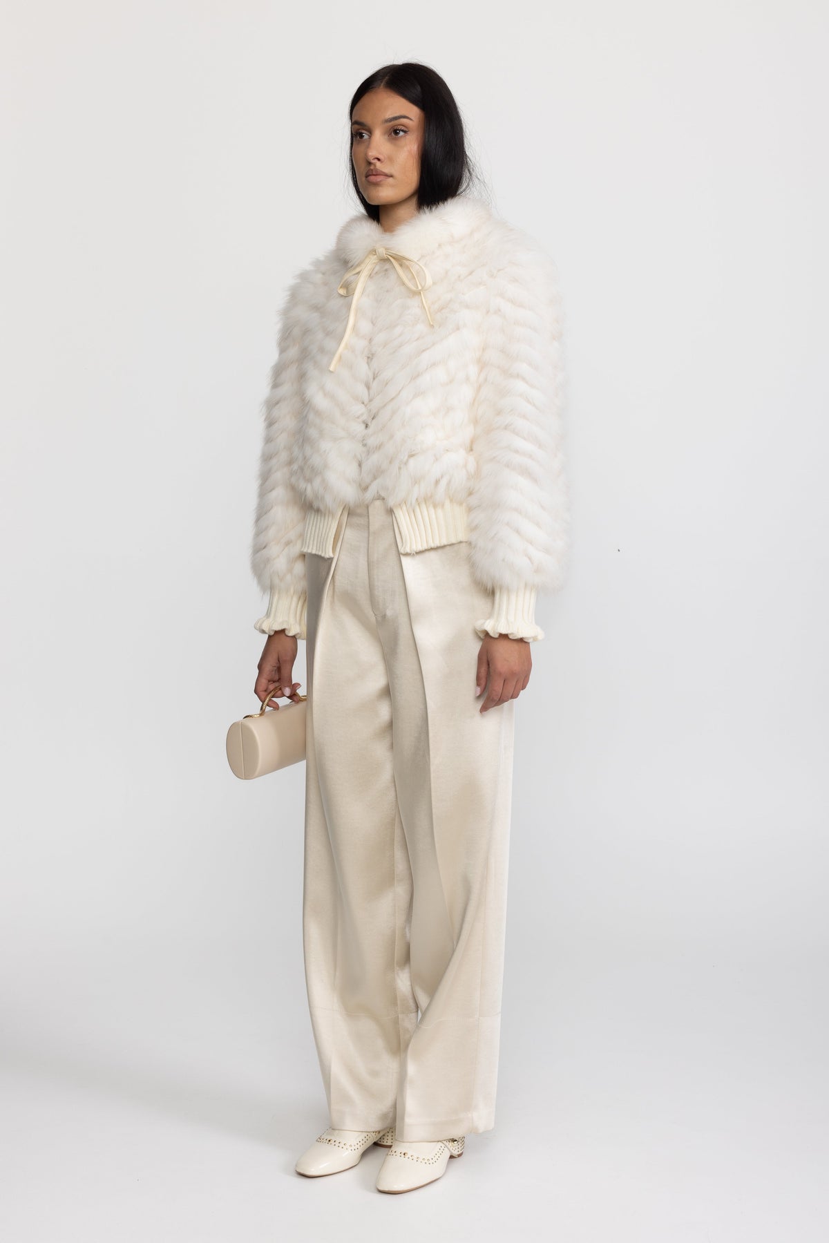 Knitted Fox Fur Bomber Jacket with Tie Neck - Ivoire
