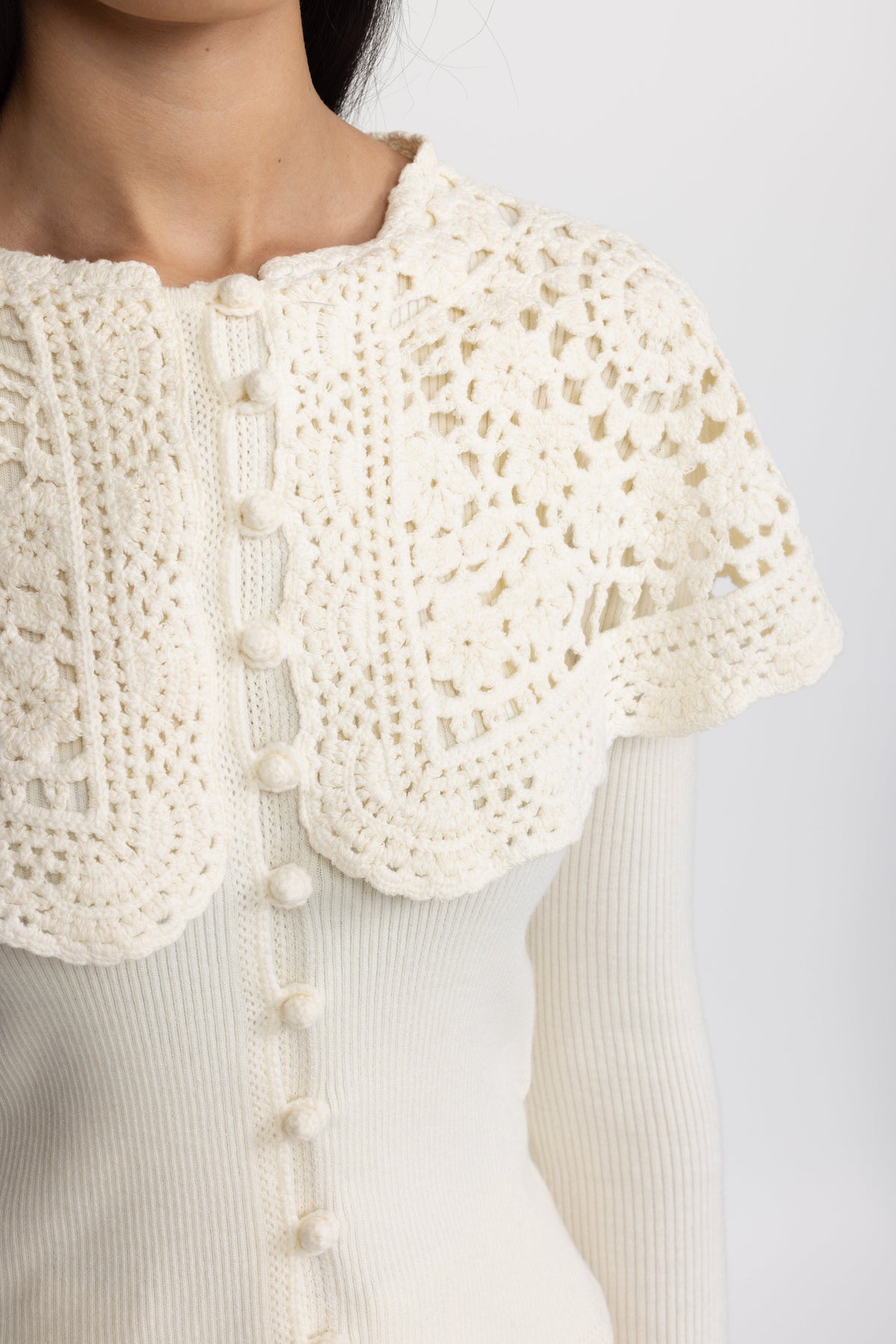 Crochet Capelet Collar Rib Knit Cardigan - Ivoire