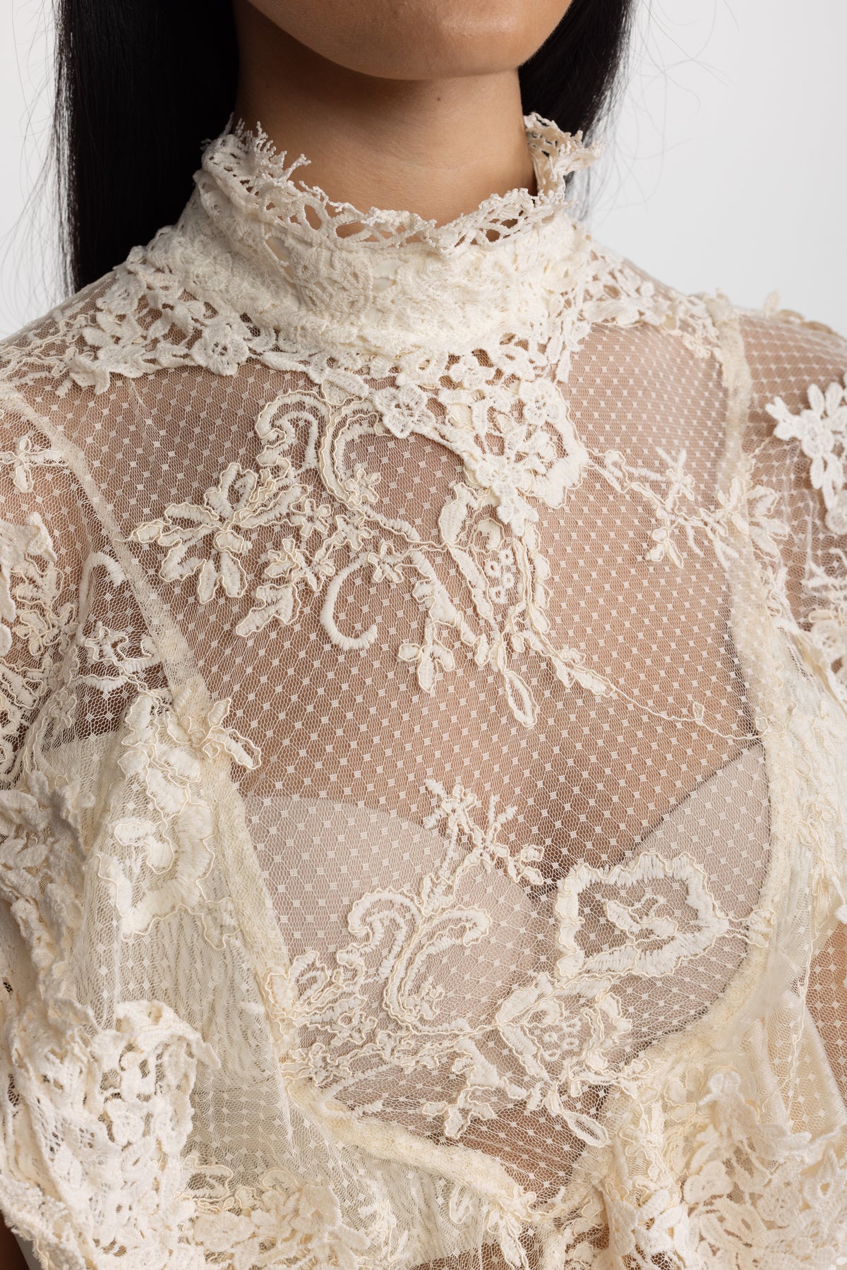 Sheer Lace Ruffle Mock Neck Top - Ivoire