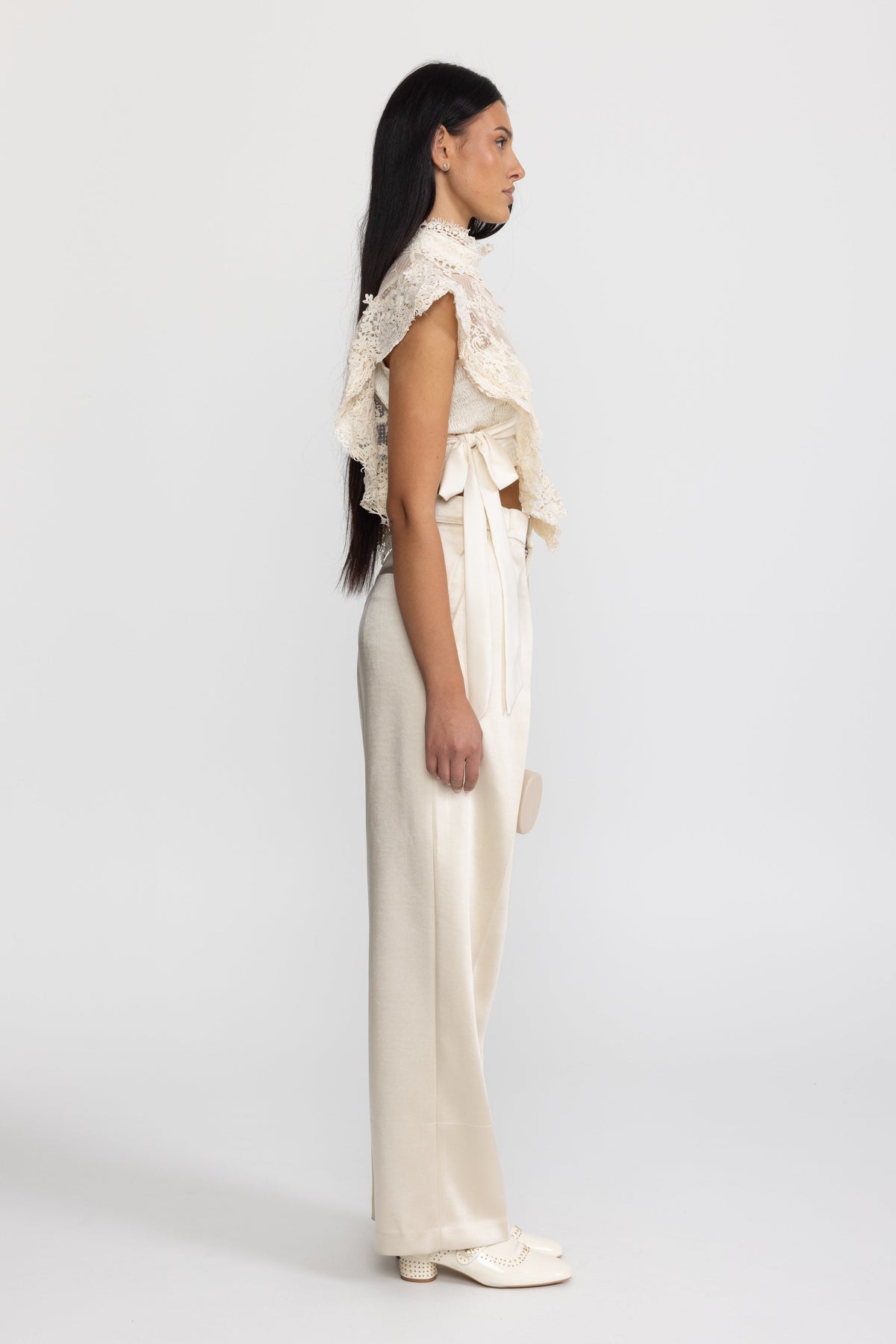 Sheer Lace Ruffle Mock Neck Top - Ivoire