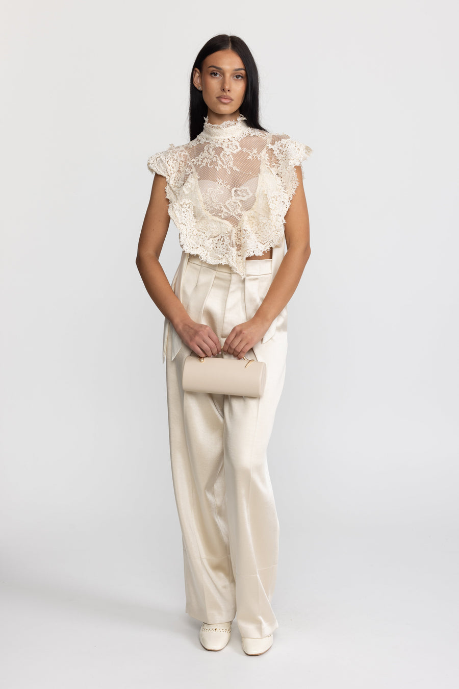 Ombeline Sheer Lace Ruffle Mock Neck Top - Ivoire