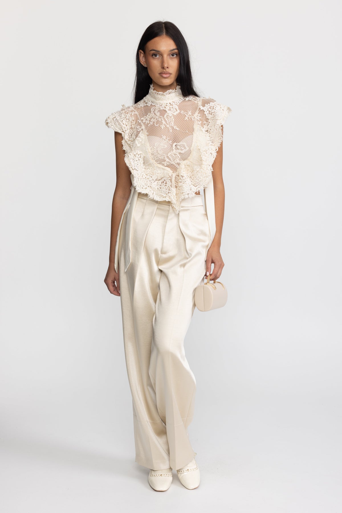 Sheer Lace Ruffle Mock Neck Top - Ivoire