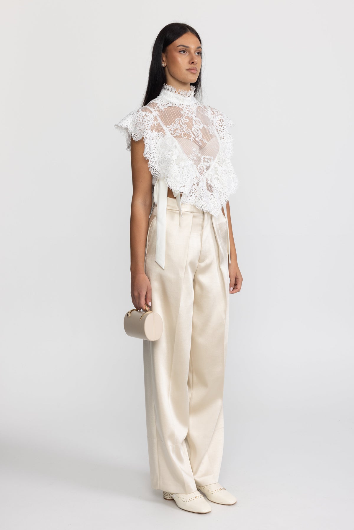 Sheer Lace Ruffle Mock Neck Top - White