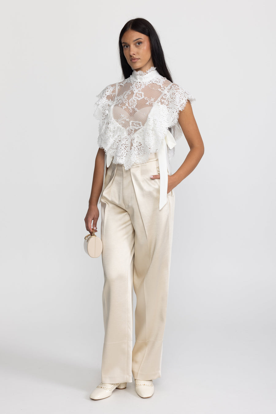 Ombeline Sheer Lace Ruffle Mock Neck Top - White