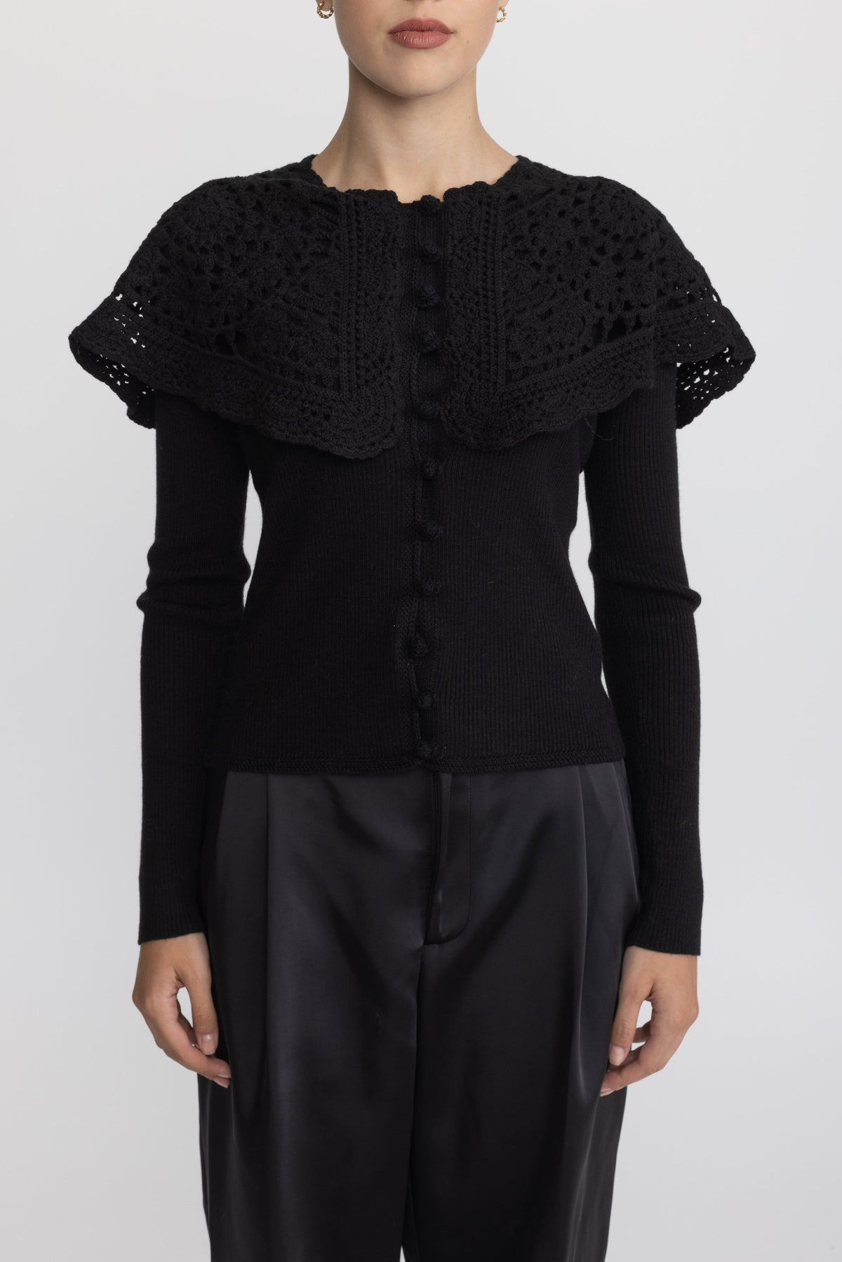 Crochet Capelet Collar Rib Knit Cardigan - Black