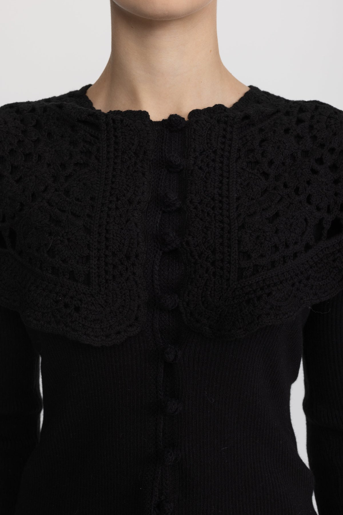 Crochet Capelet Collar Rib Knit Cardigan - Black