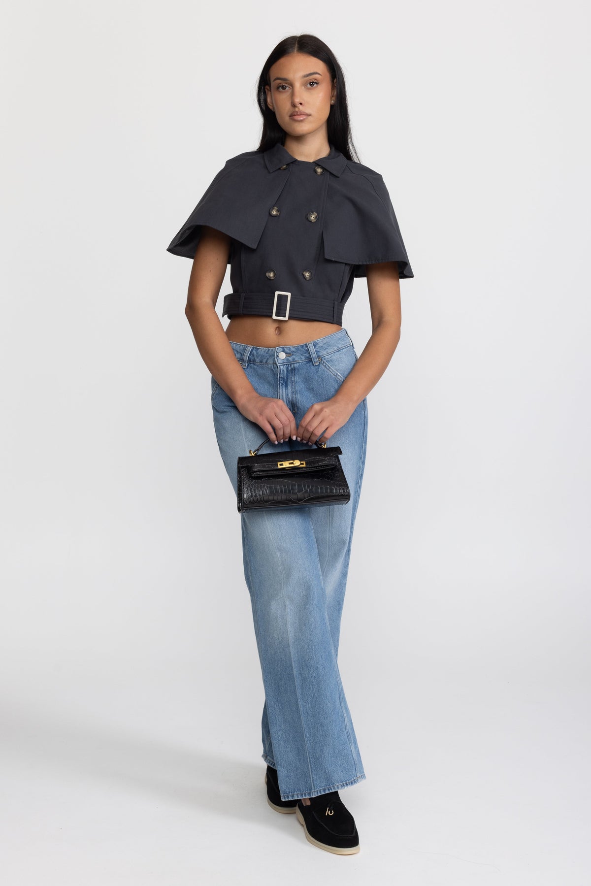 Cropped Trench Cape Top with Belt - Navy