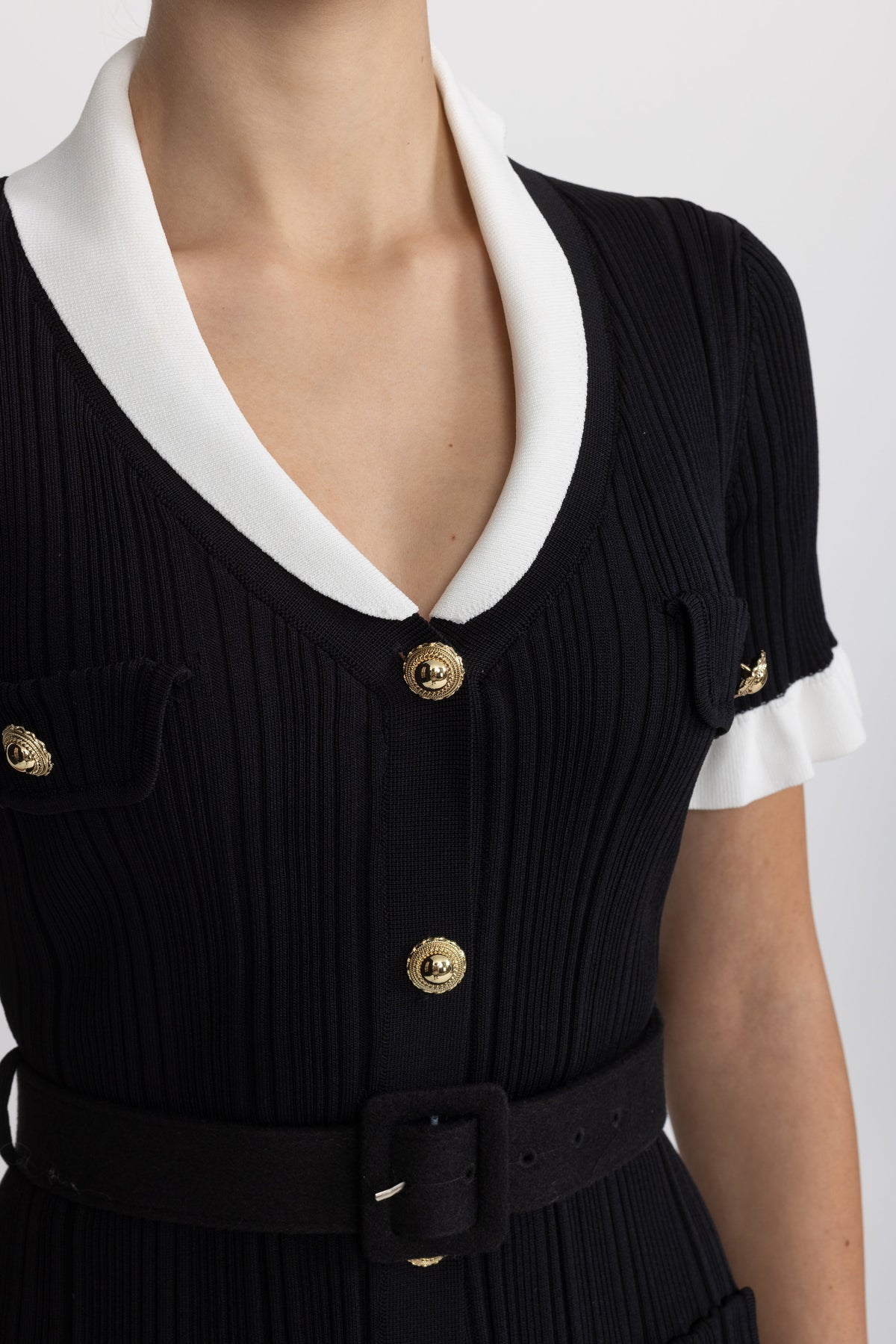 Ribbed Knit Contrast Collar Belted Mini Dress - Black