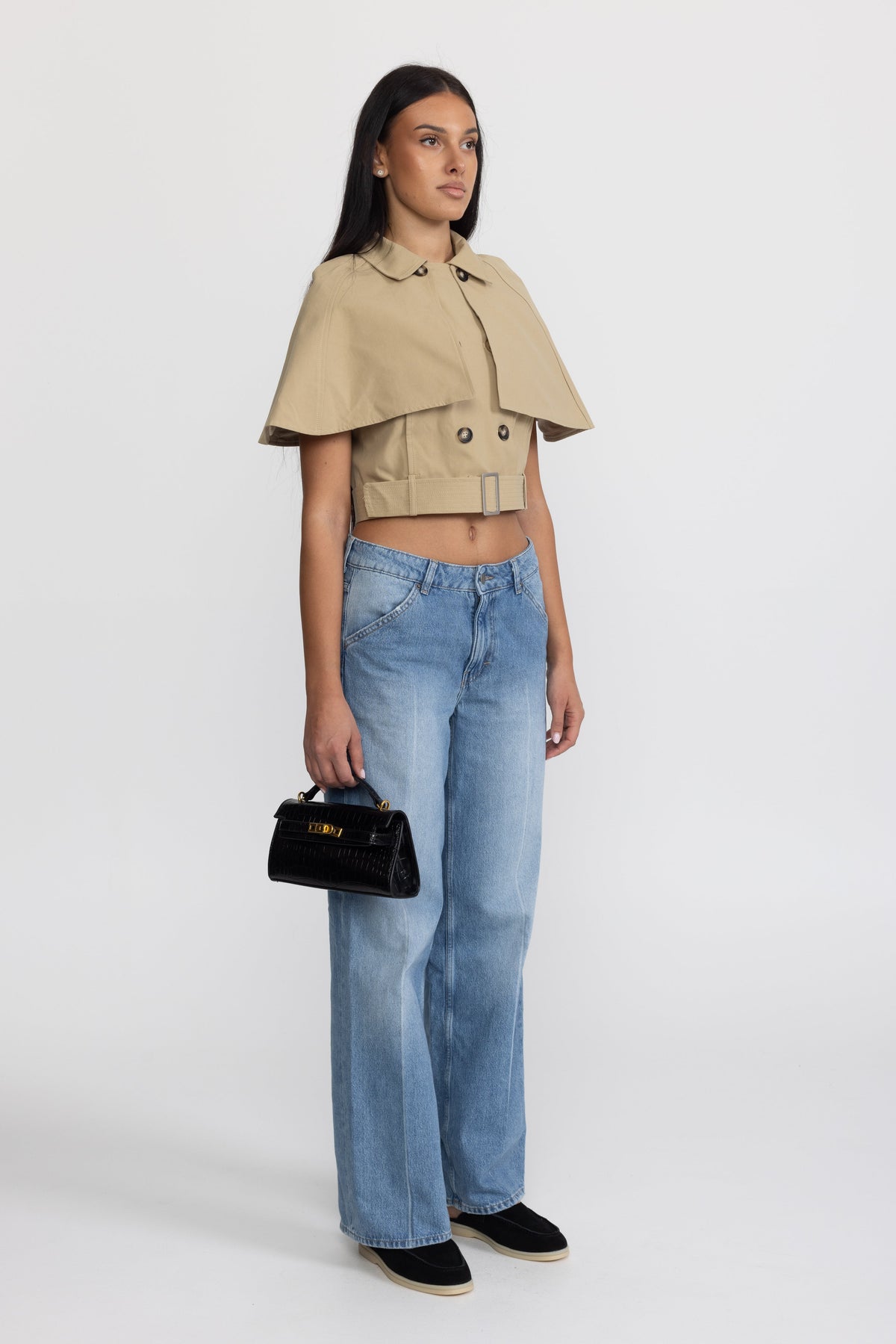 Cropped Trench Cape Top with Belt - Khaki