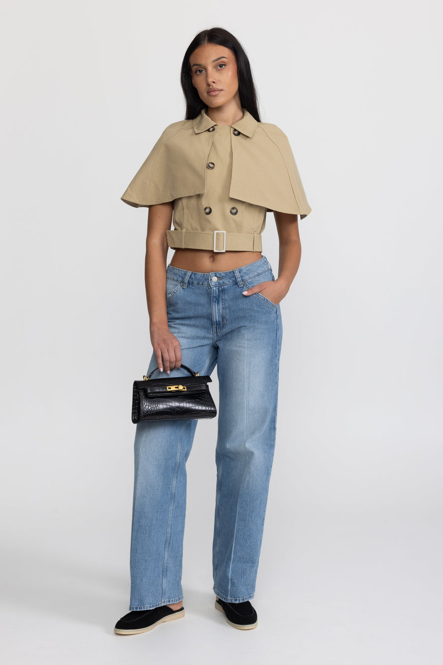 Sabine Cropped Trench Cape Top with Belt - Khaki