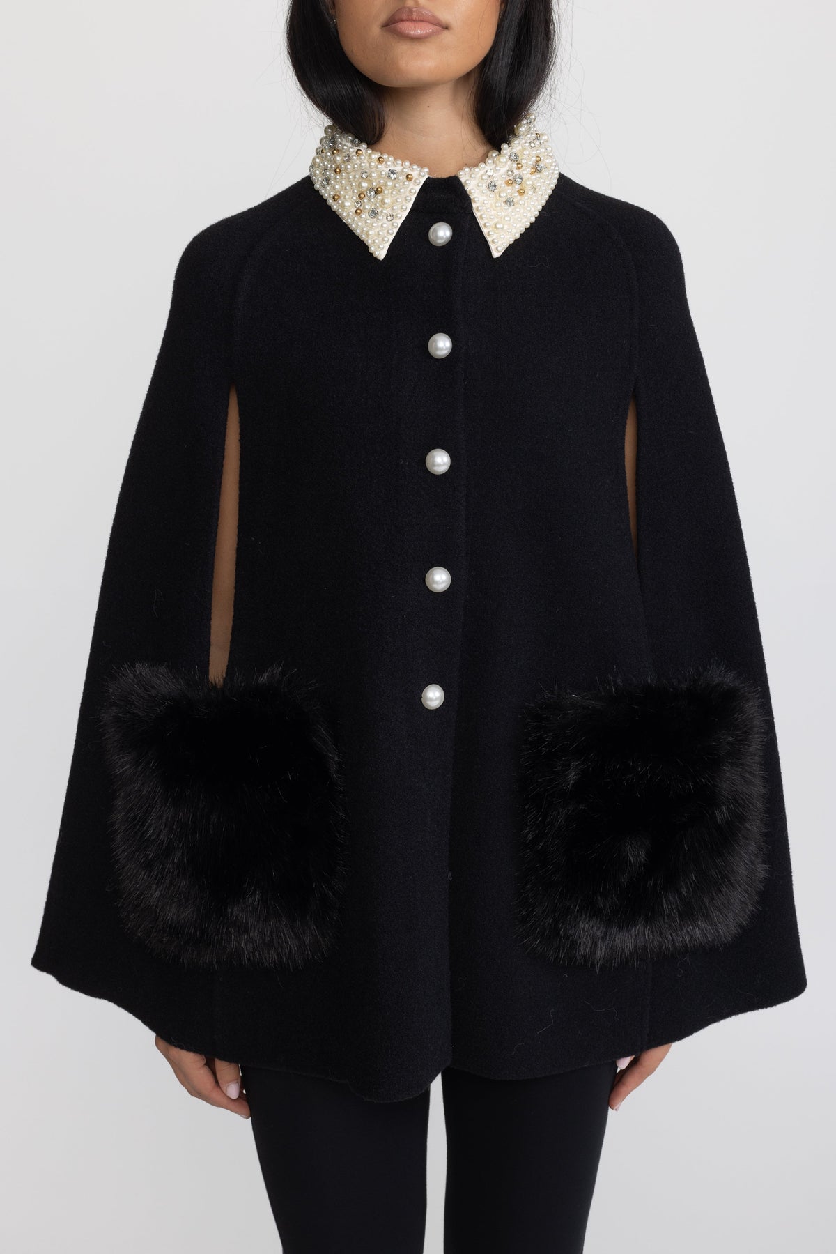 Pearl Embellished Collar Cape with Faux Fur Pockets - Black