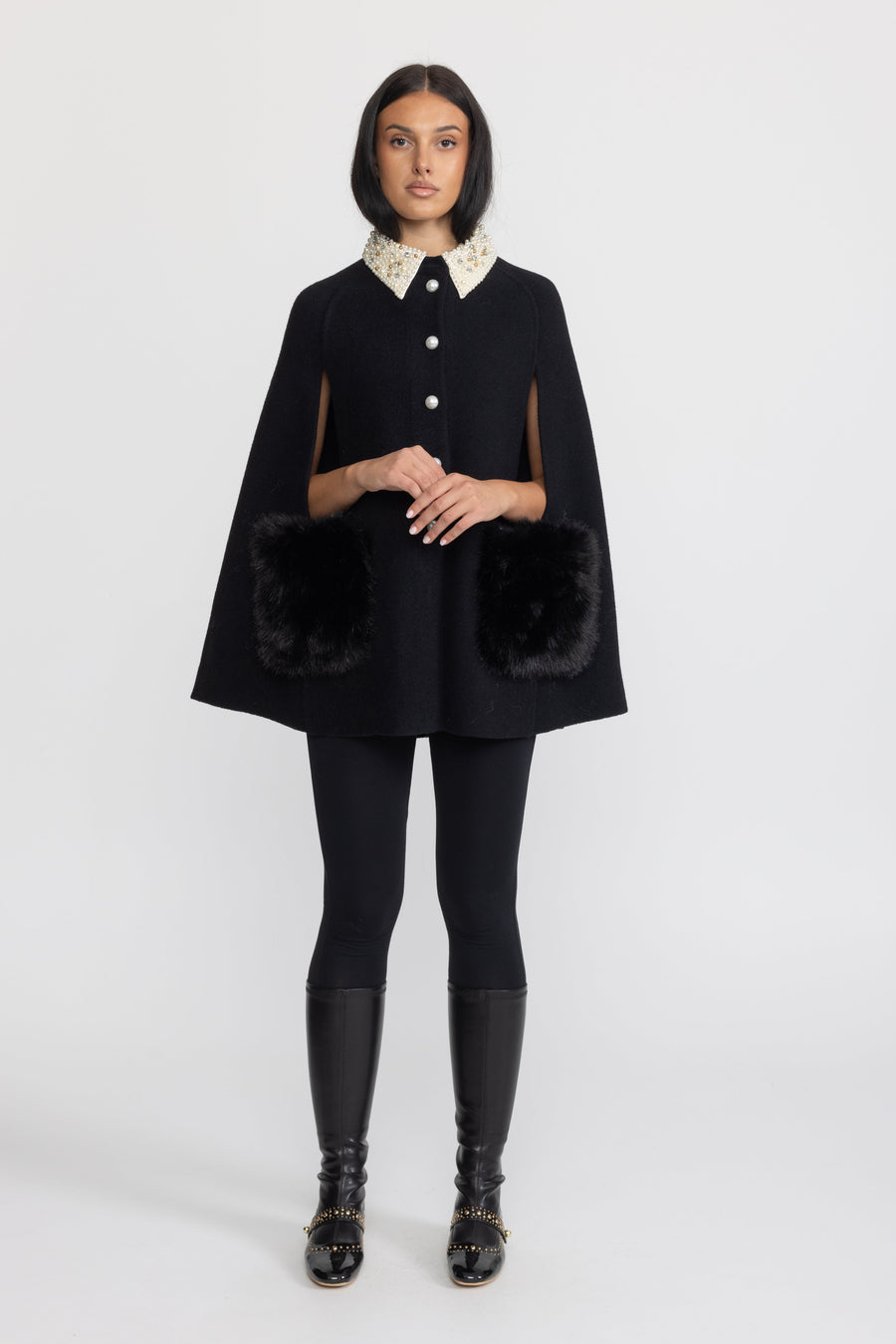 Annabelle Pearl Embellished Collar Cape with Faux Fur Pockets - Black