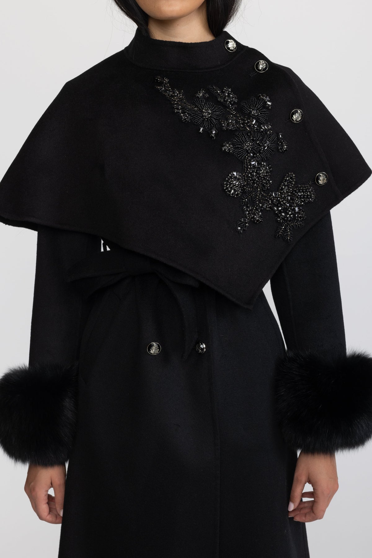Embellished Capelet Wool Coat with Fox Fur Cuffs - Black