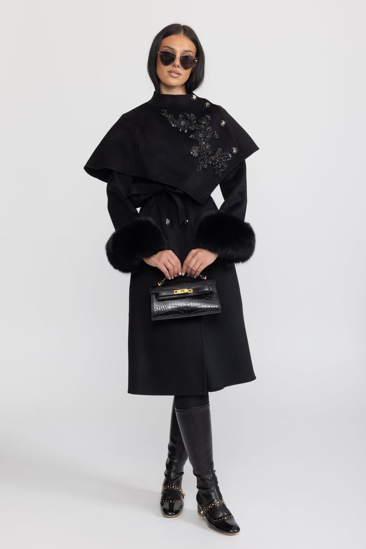 Embellished Capelet Wool Coat with Fox Fur Cuffs - Black