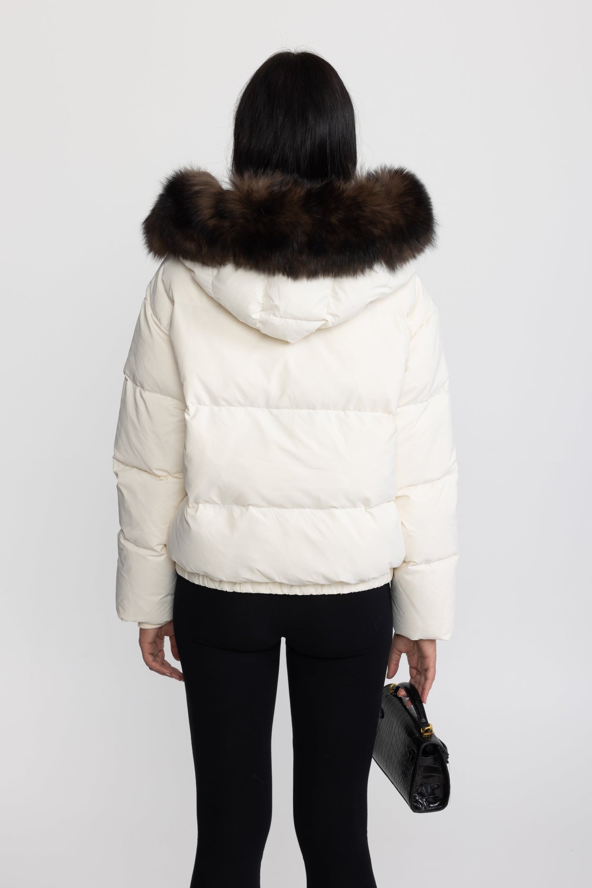 Fox Fur Hood Cropped Down Puffer Jacket - Ivoire