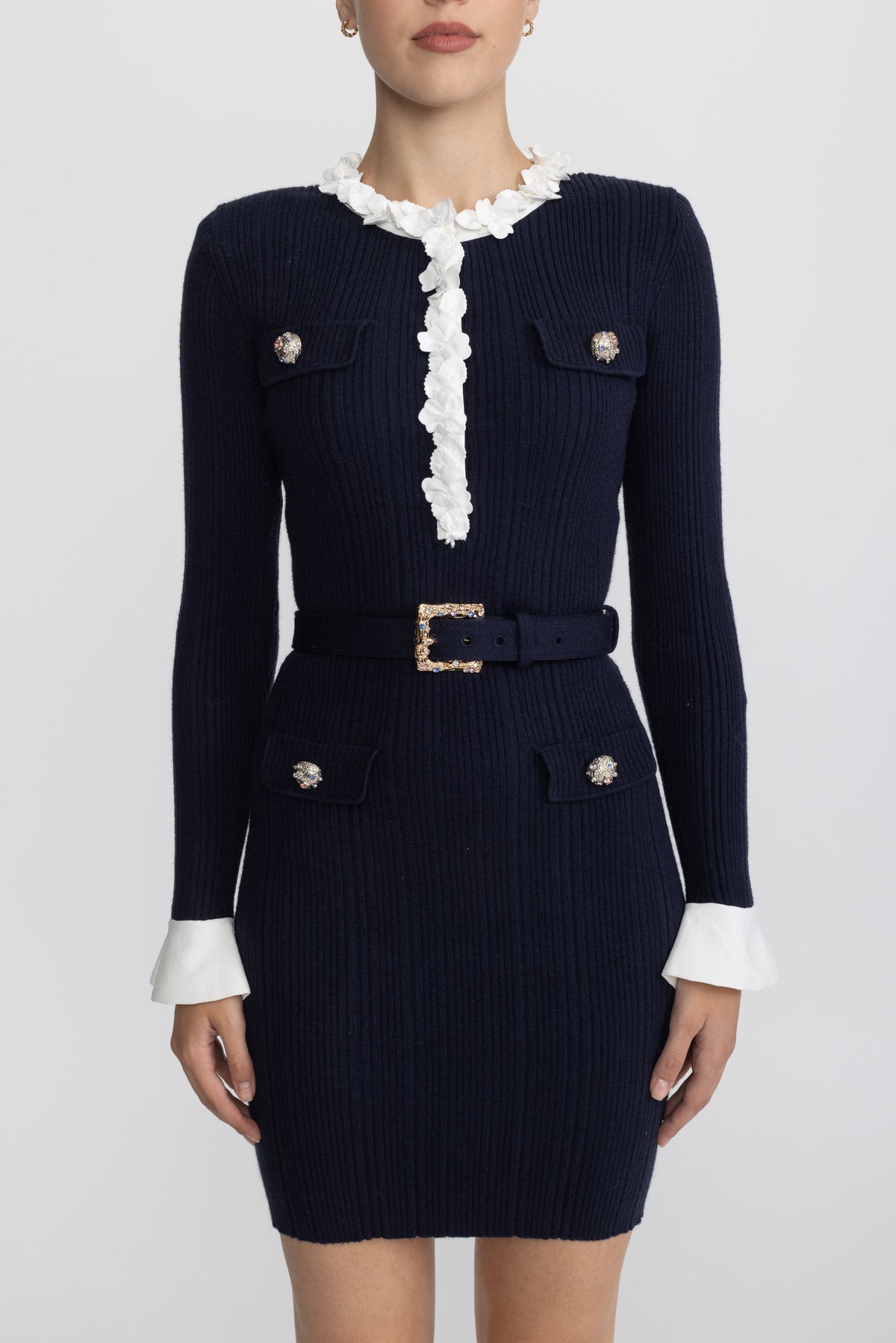 Pernelle Navy Floral Ruffle Rib Knit Belted Mini Dress
